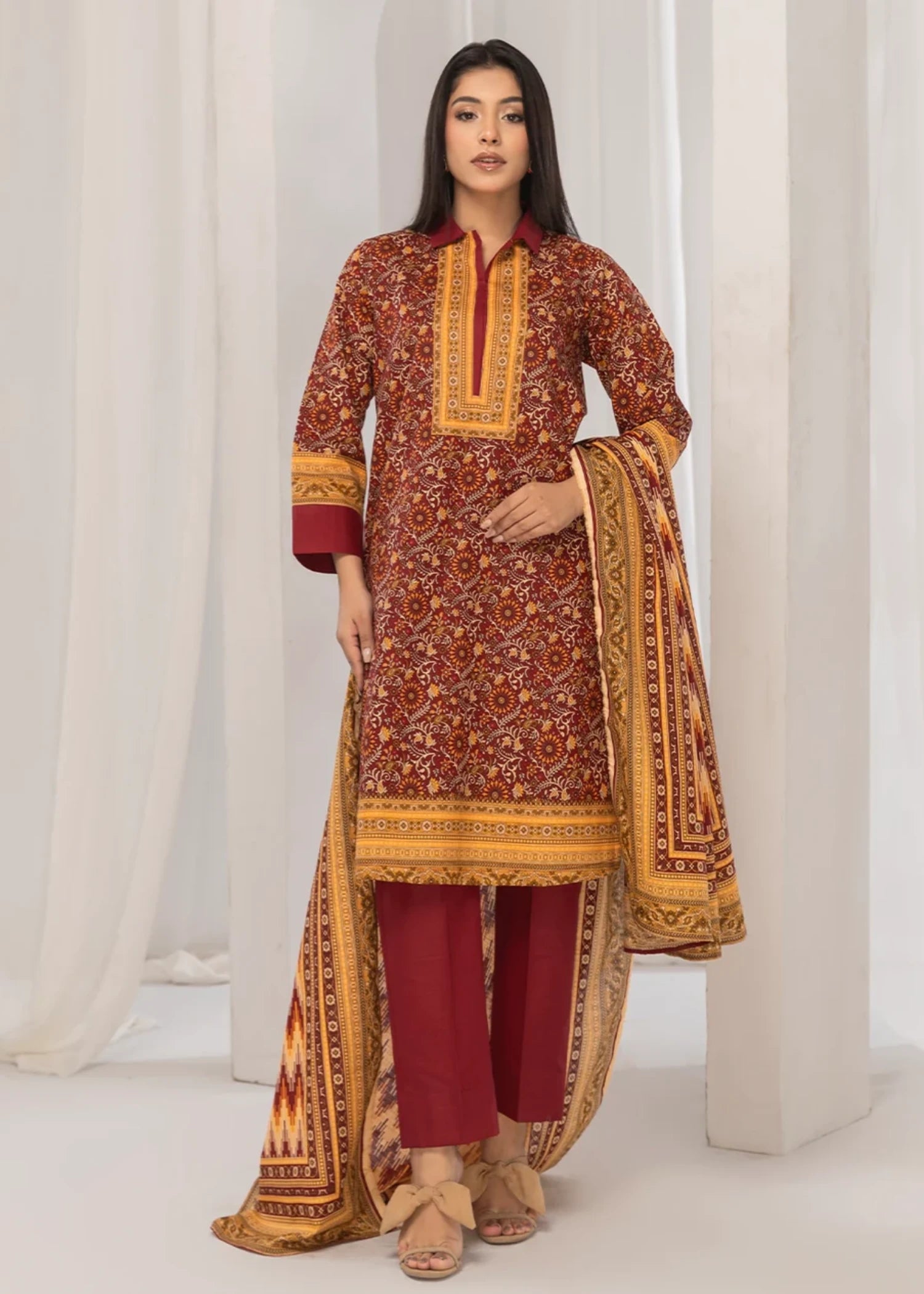 khaddar Unstitched in Burgundy, beeswax