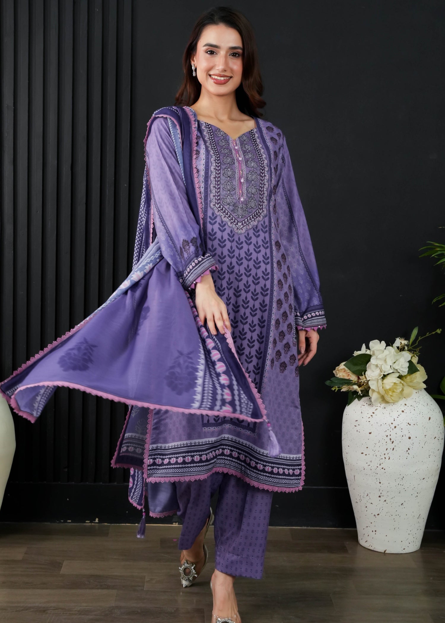slub cambric Kurta Set in Heathered lilac