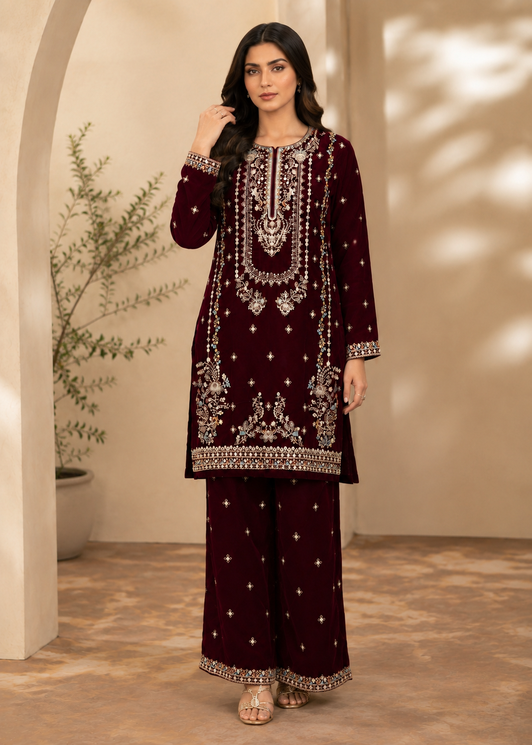 chinese micro velvet 9000 Kurta Set in Maroon