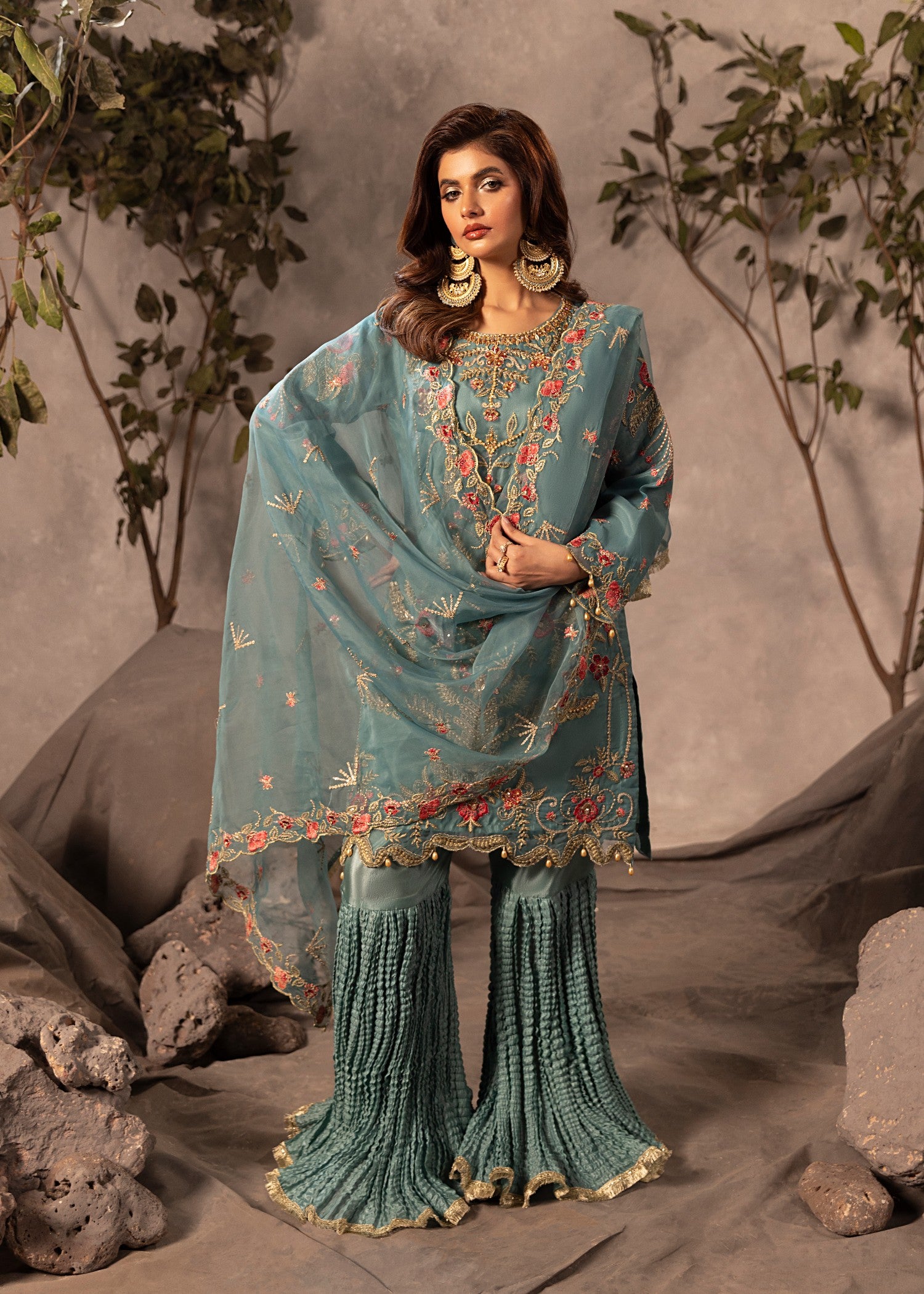 organza Gharara in Aquamarine