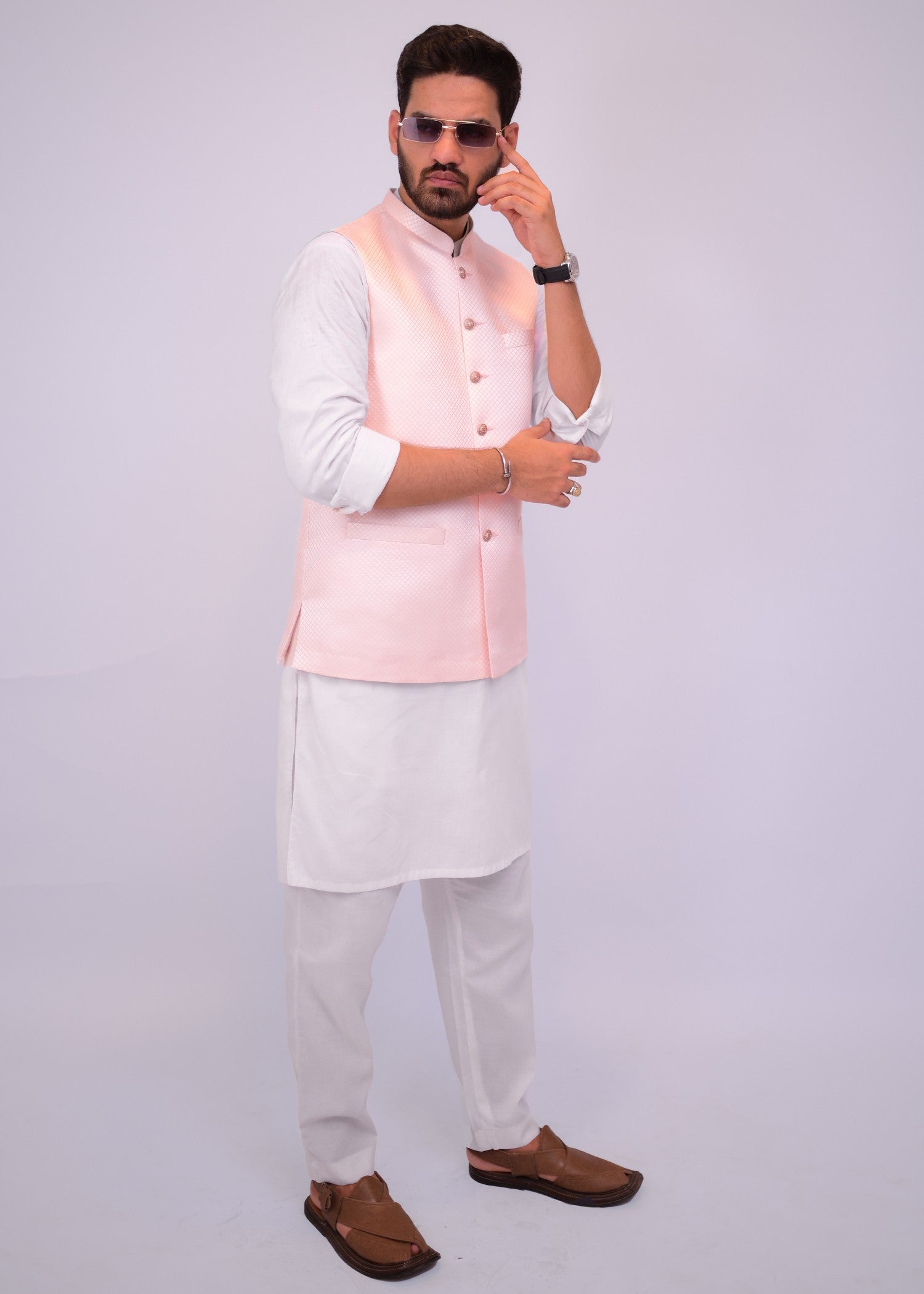 jamawar Waistcoat in Peach pink