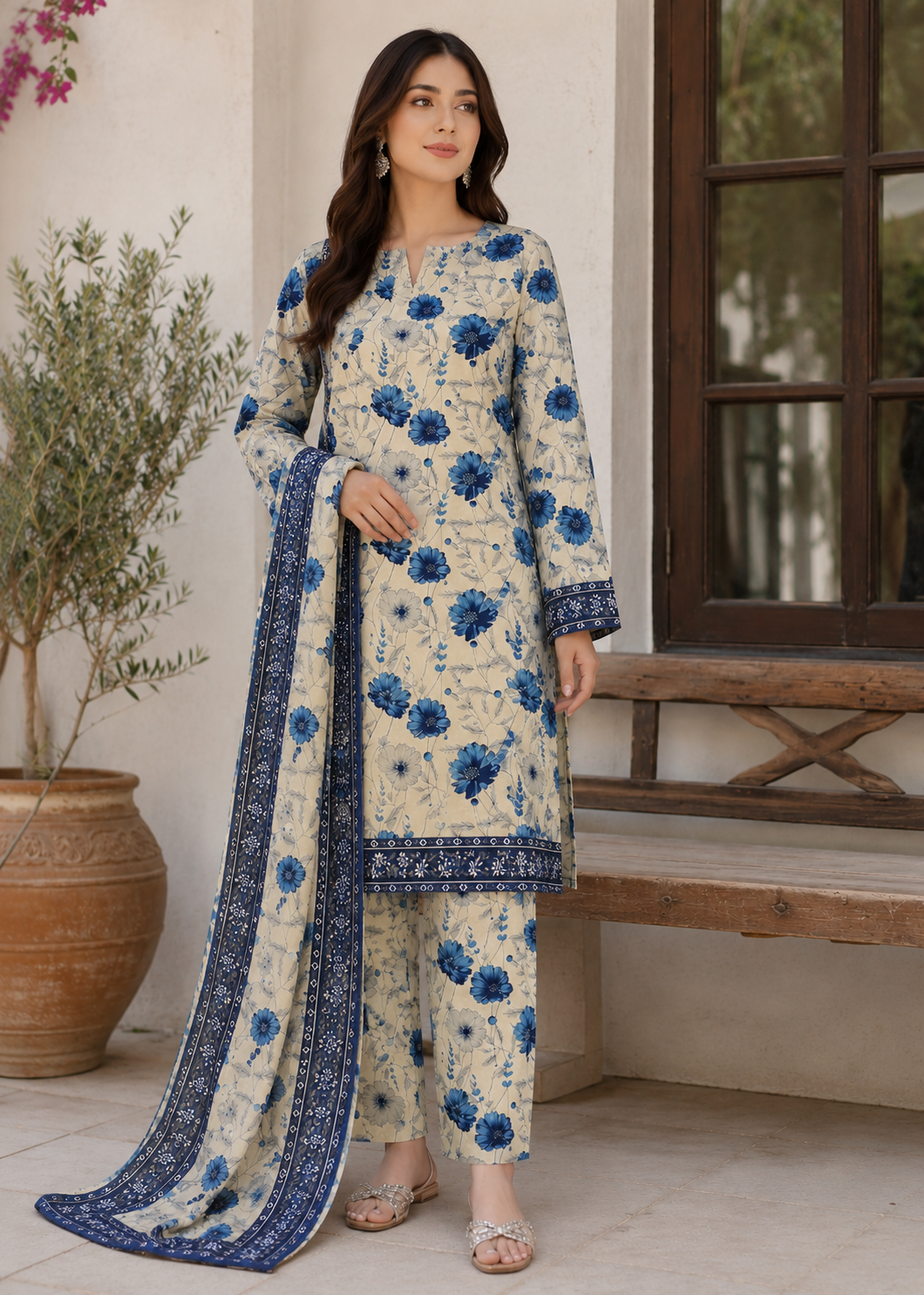 cotton Unstitched in Beige, blue