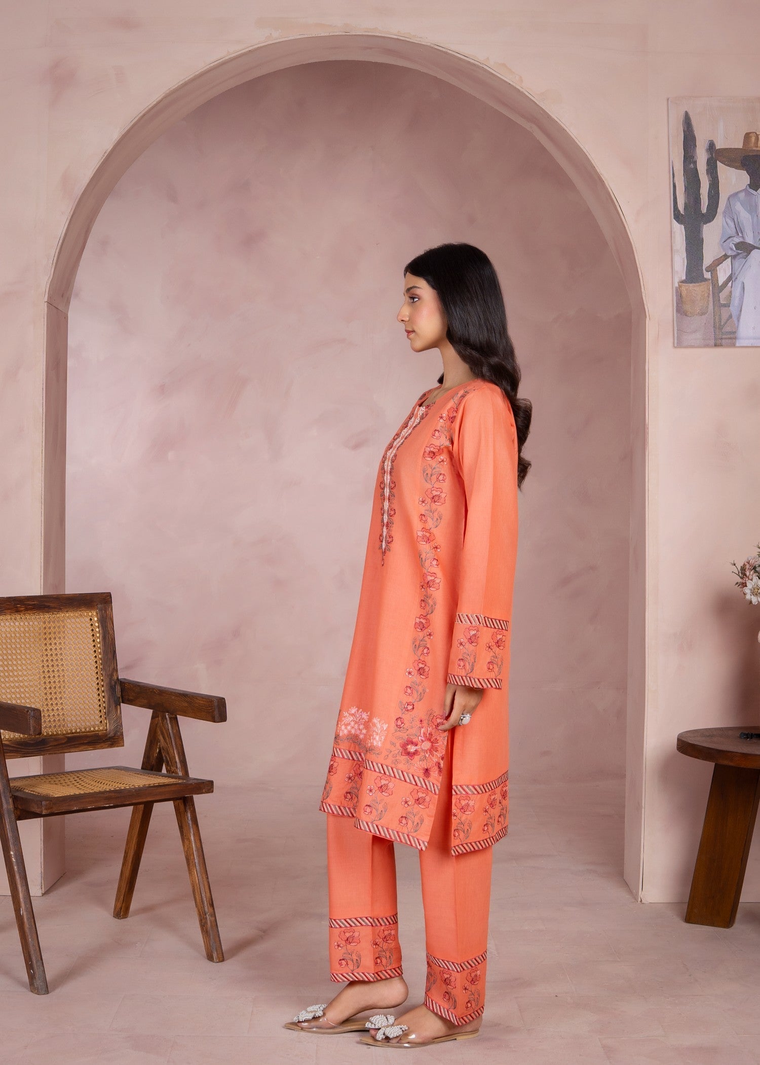 lawn Kurta Set in Coral pink