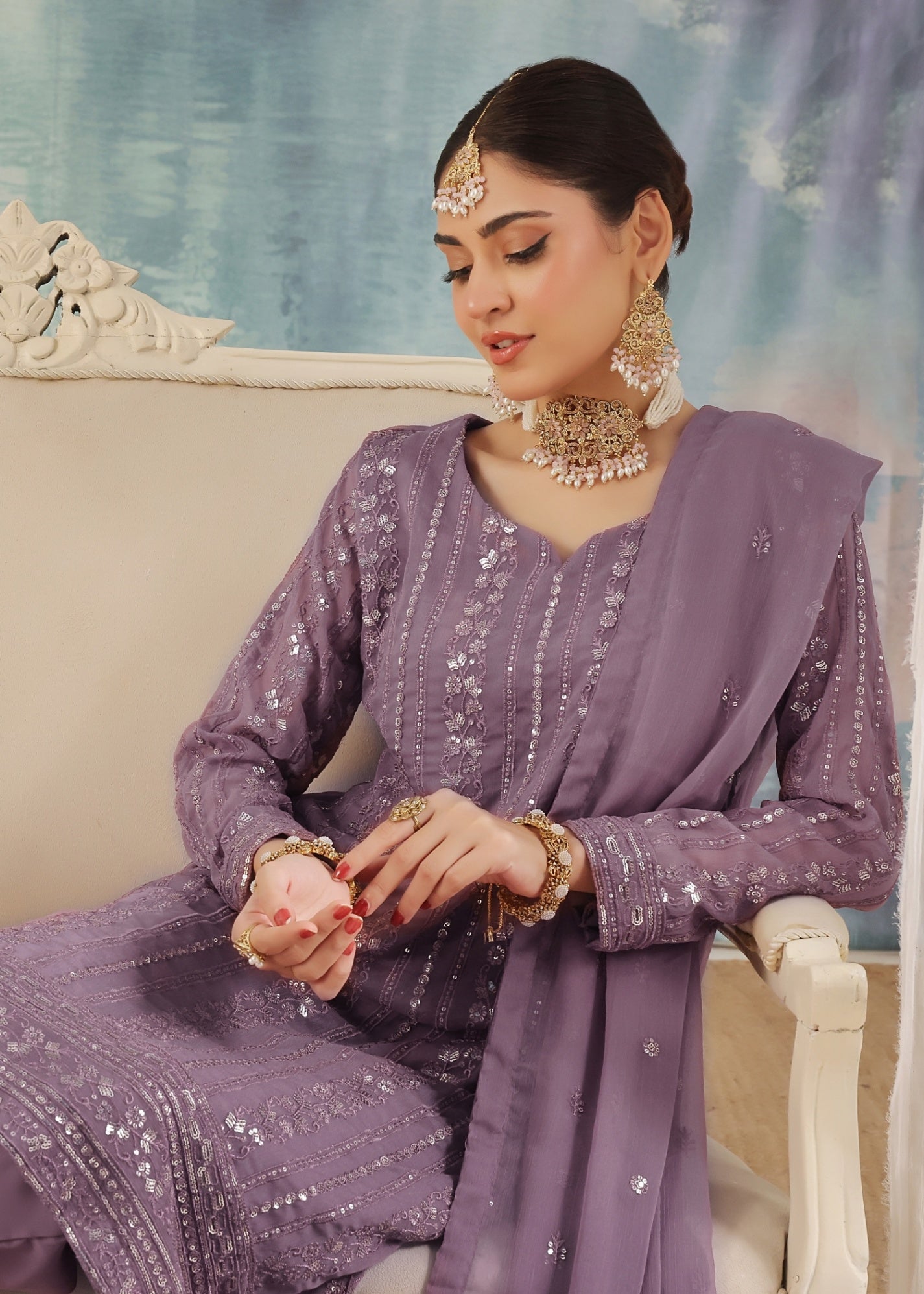 chiffon Kurta Set in Purple mountain majesty