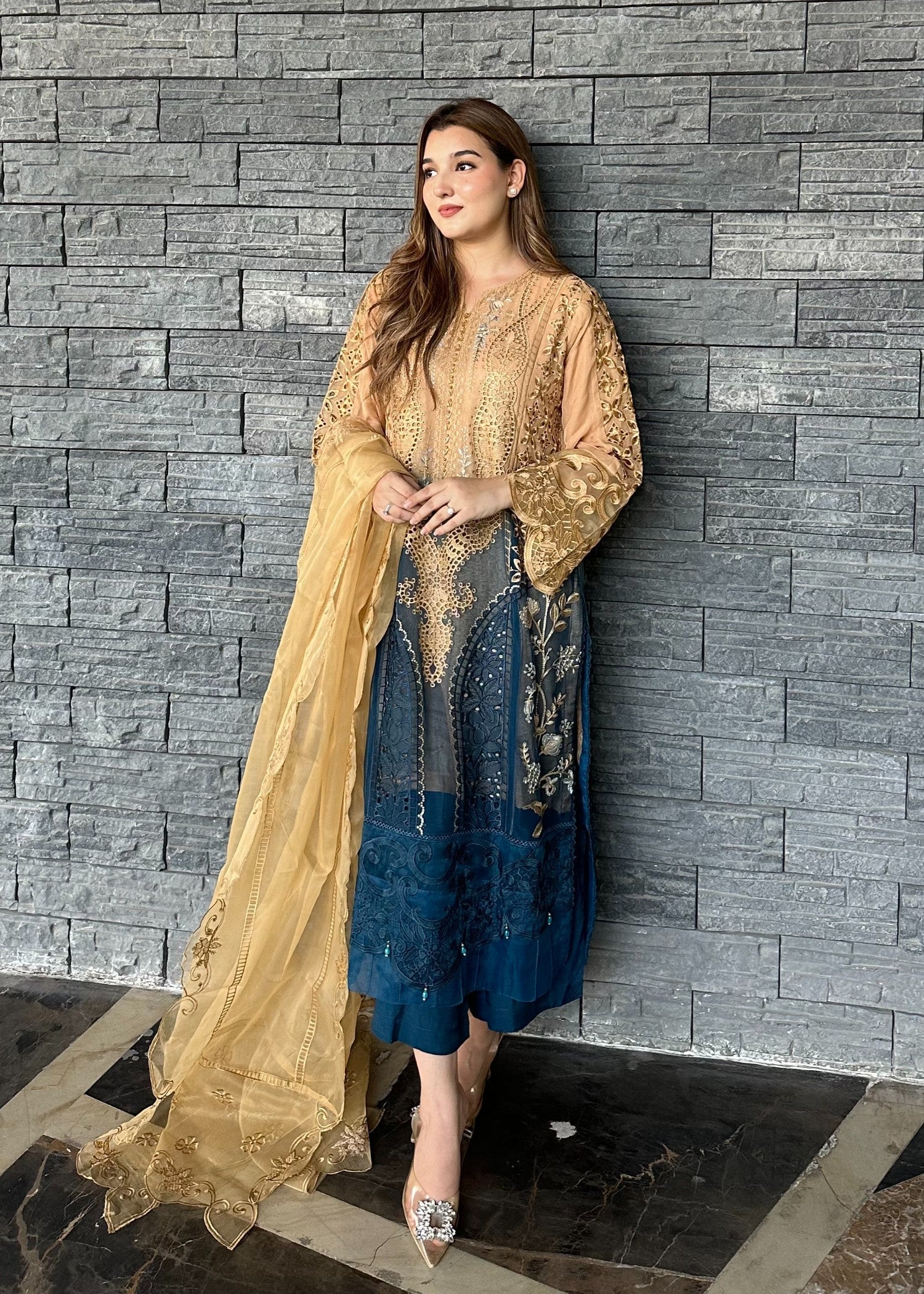 chiffon Kurta Set in Teal, buttercream
