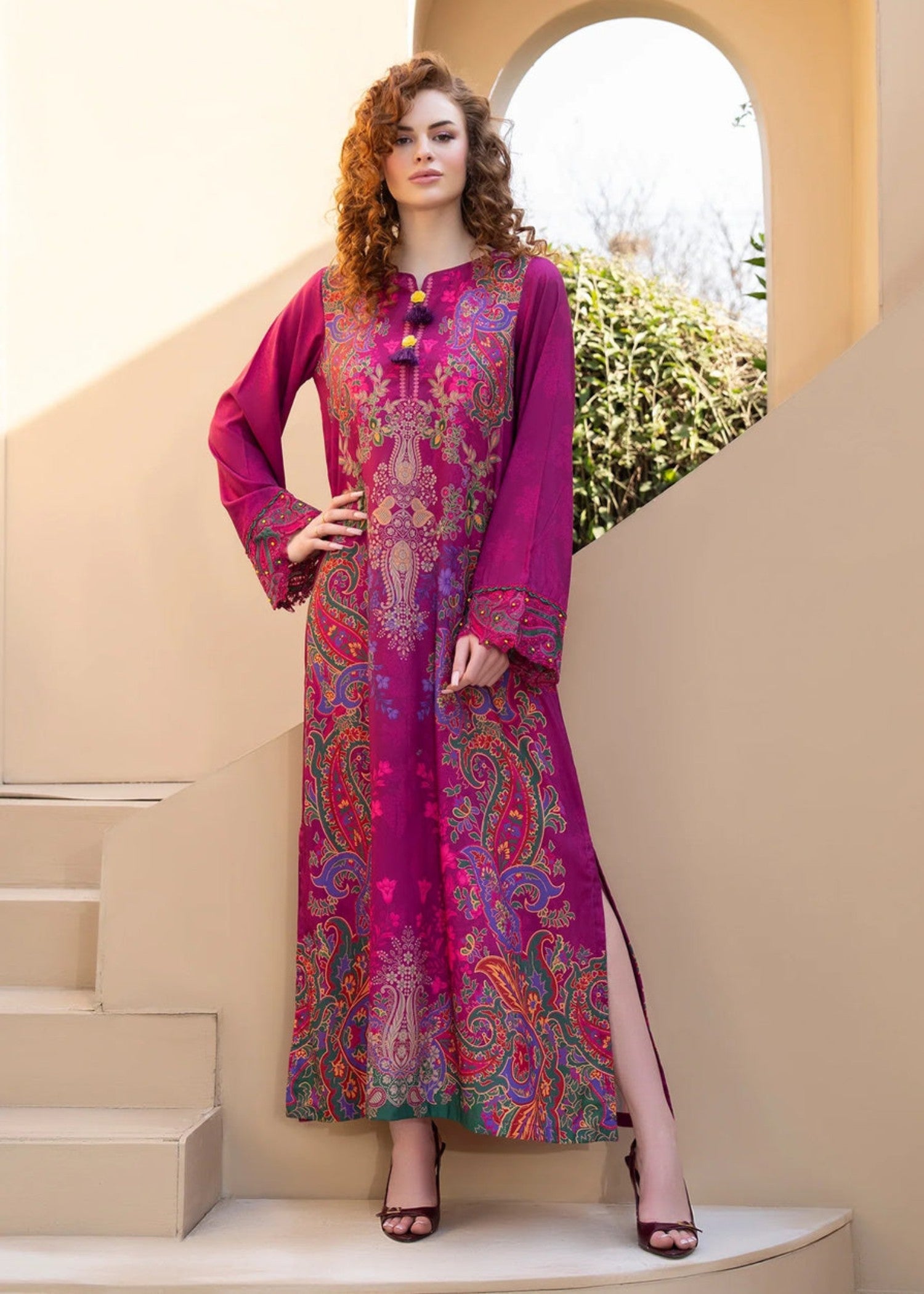 blended cambric Kaftan in Hot pink