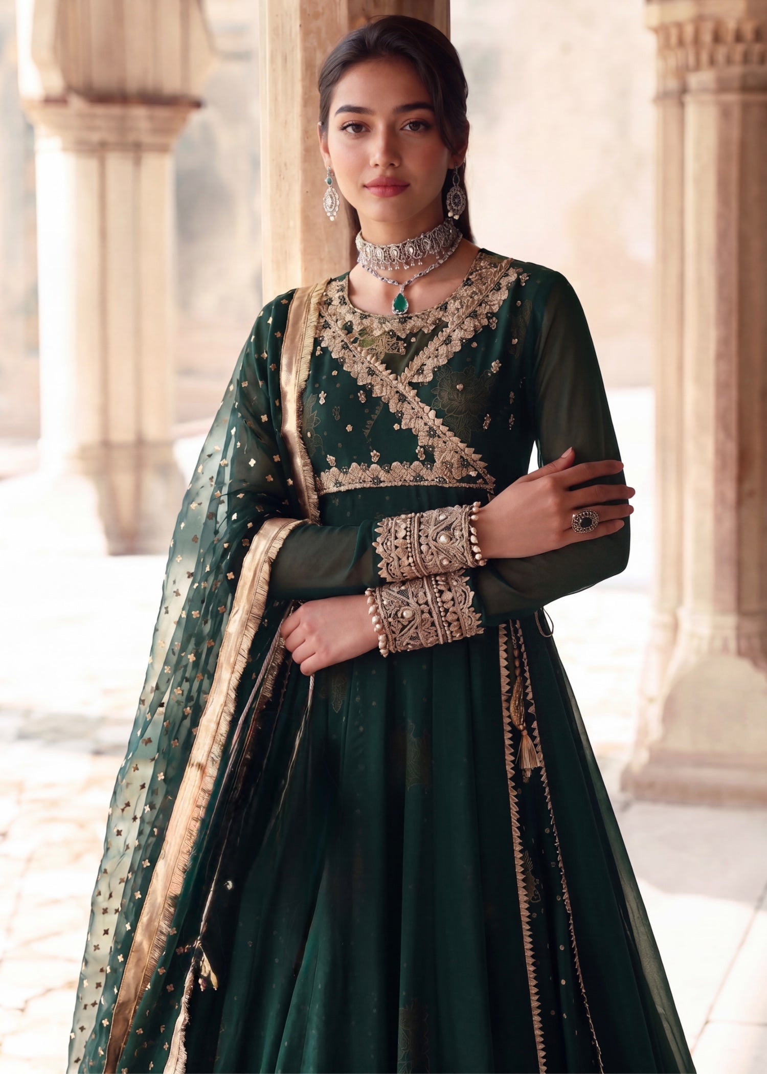 chiffon Angrakha in Dark green
