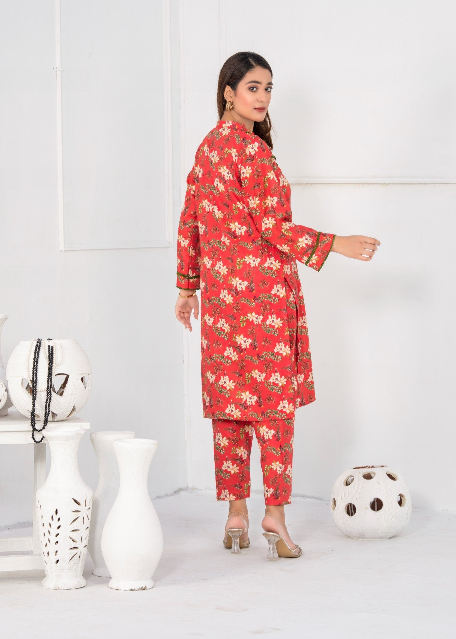 slub khaddar Unstitched in Coral pink