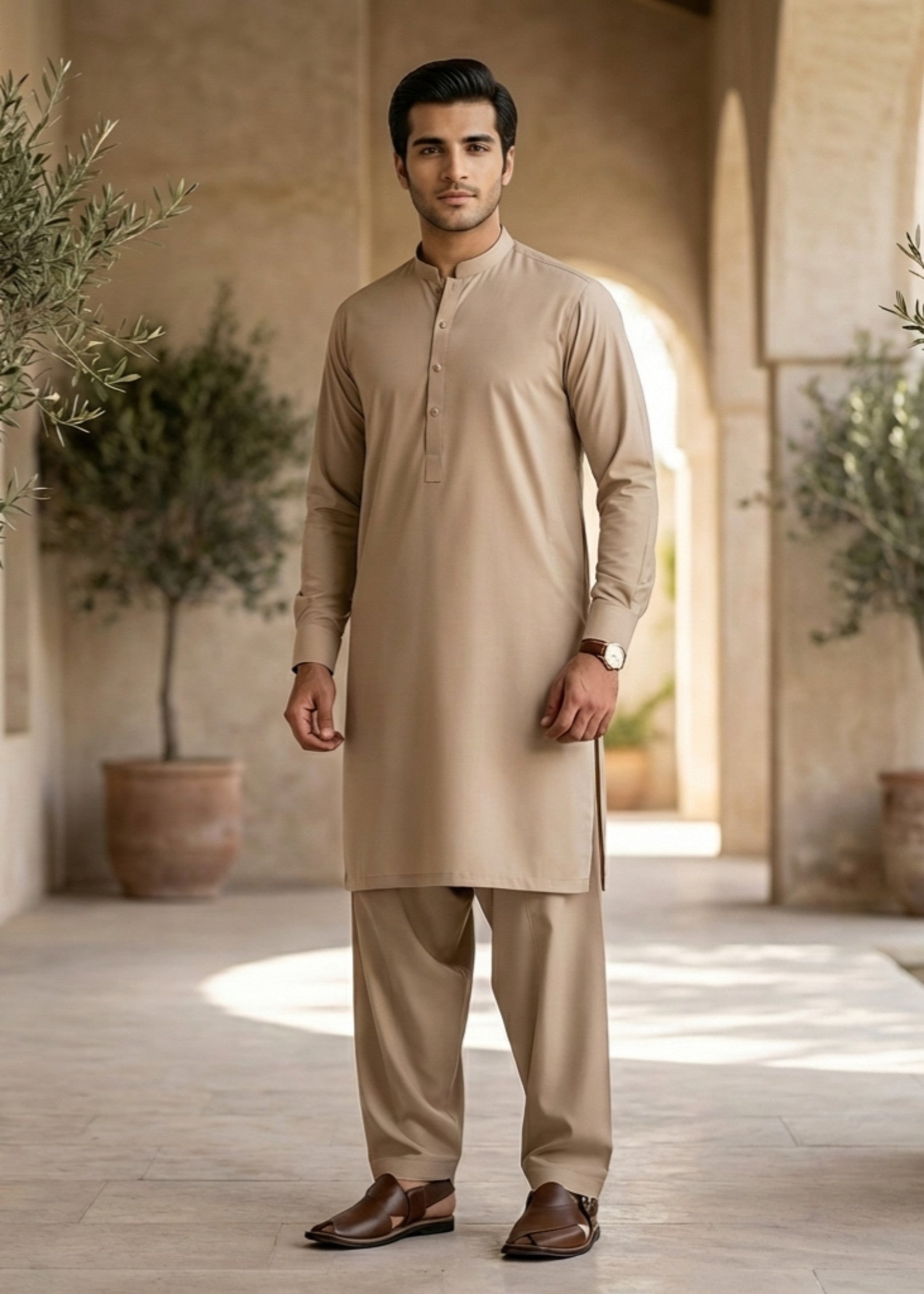 wash & wear Shalwar Kameez in Beige by Waqar Mustafa