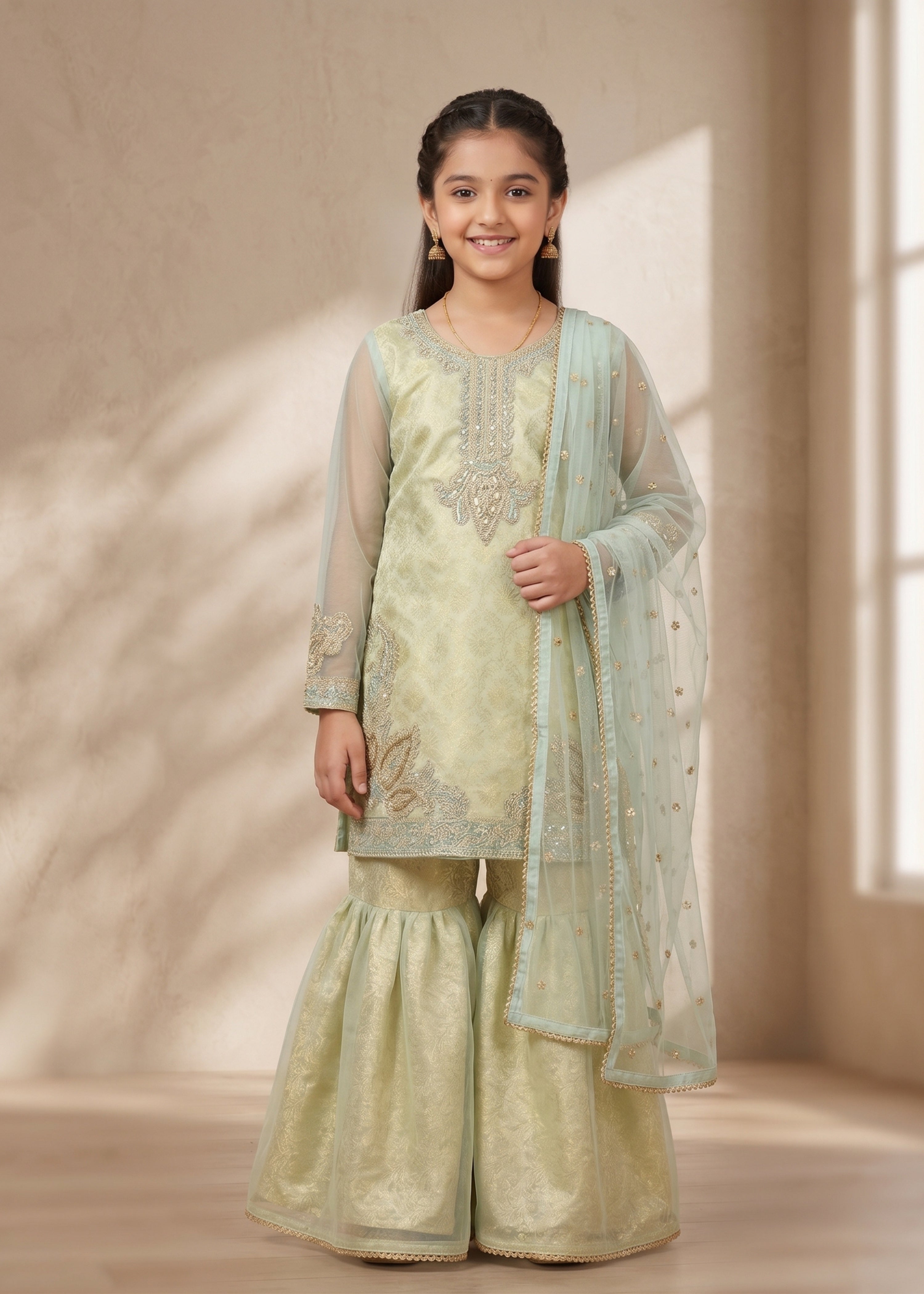 lawn Gharara in Pistachio green