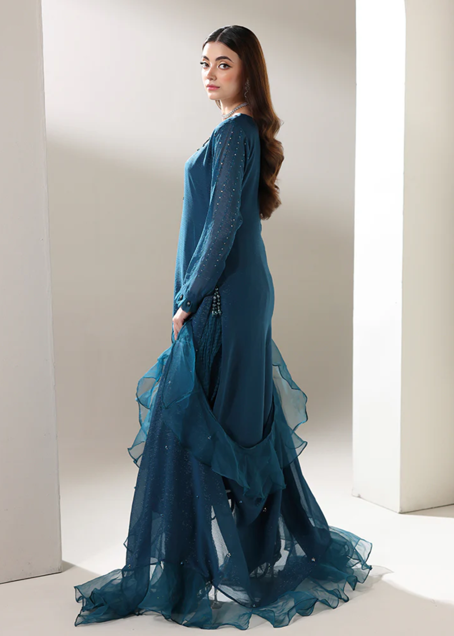 crinkle chiffon Kurta Set in Cobalt blue