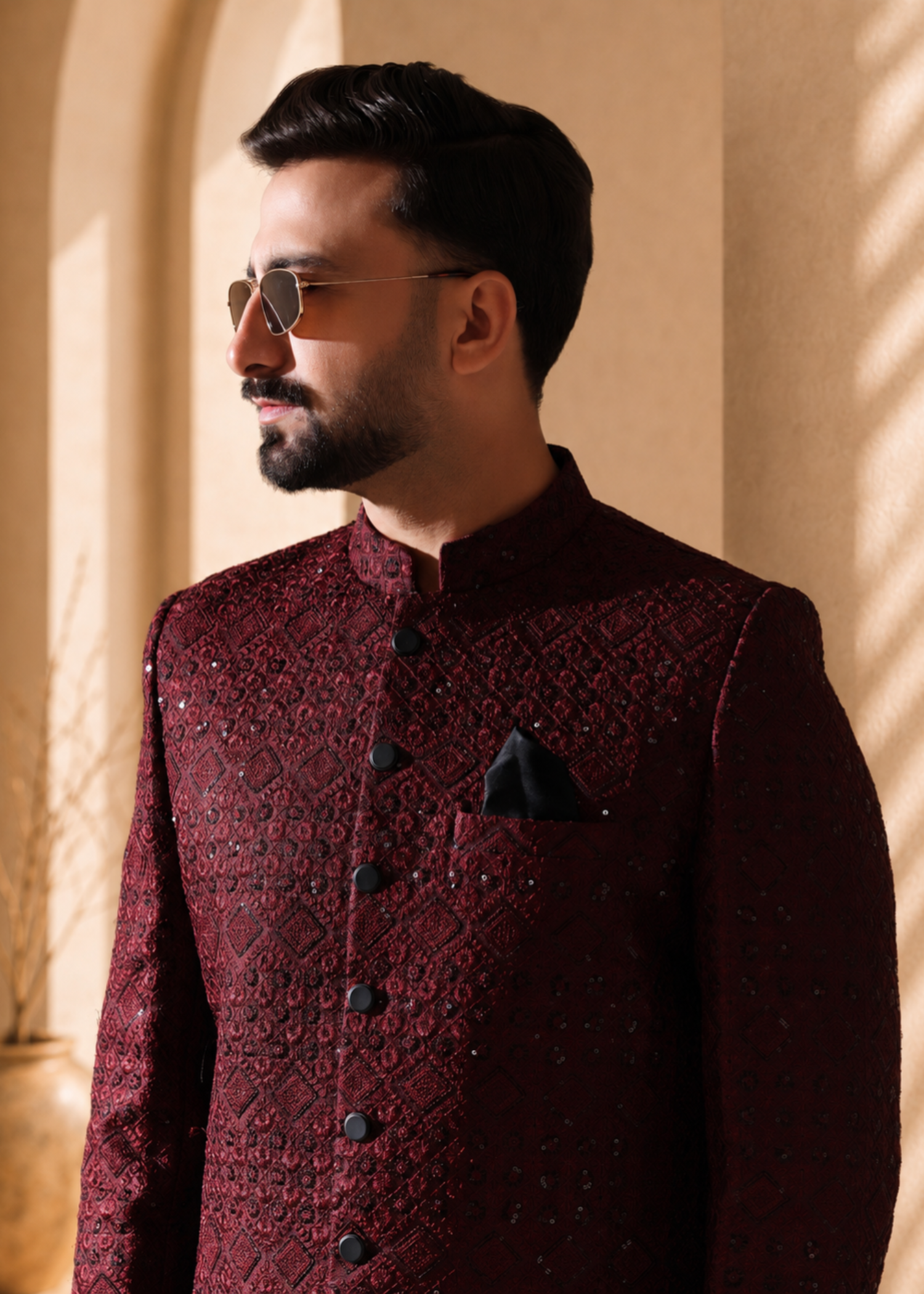 jamawar Sherwani in Maroon - view 7
