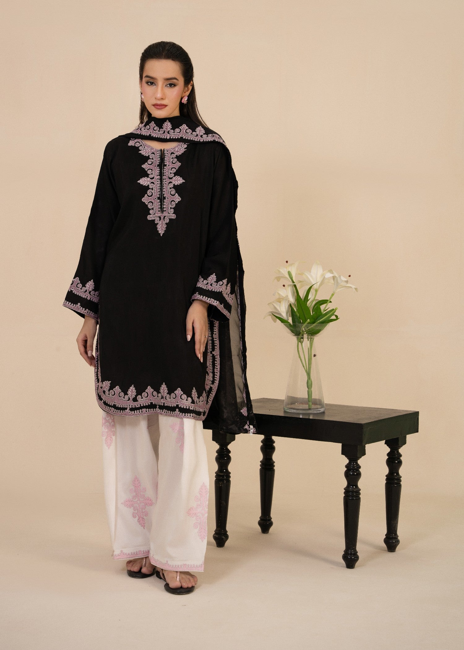 korean raw silk Kurta Set in Black