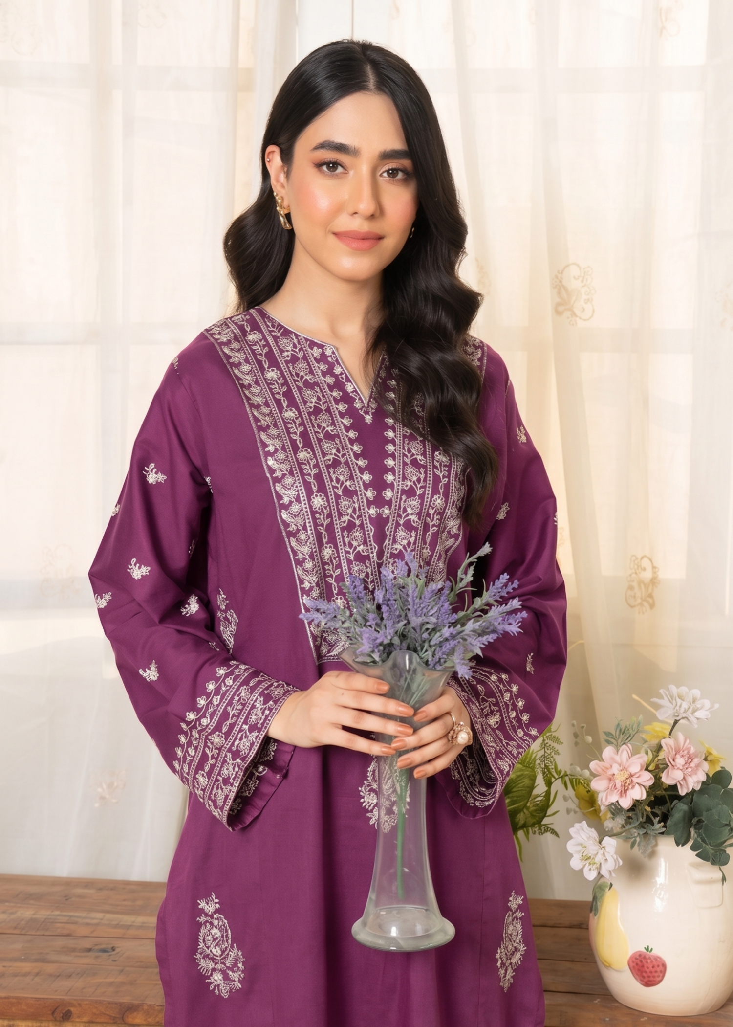 linen Kurta Set in Purple