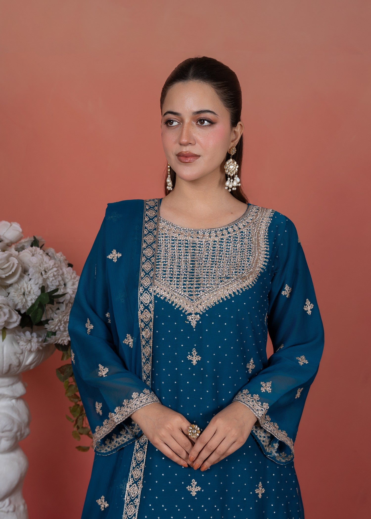 chiffon Kurta Set in Azure