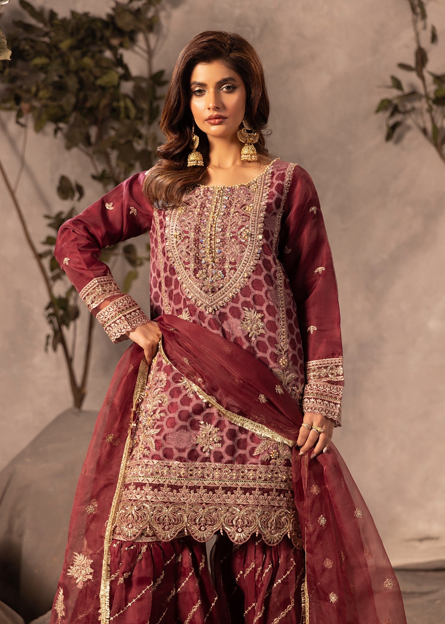 organza Gharara in Maroon