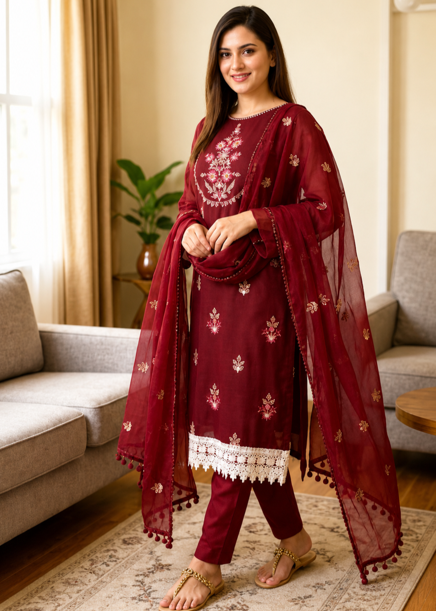 chiffon Kurta Set in Maroon