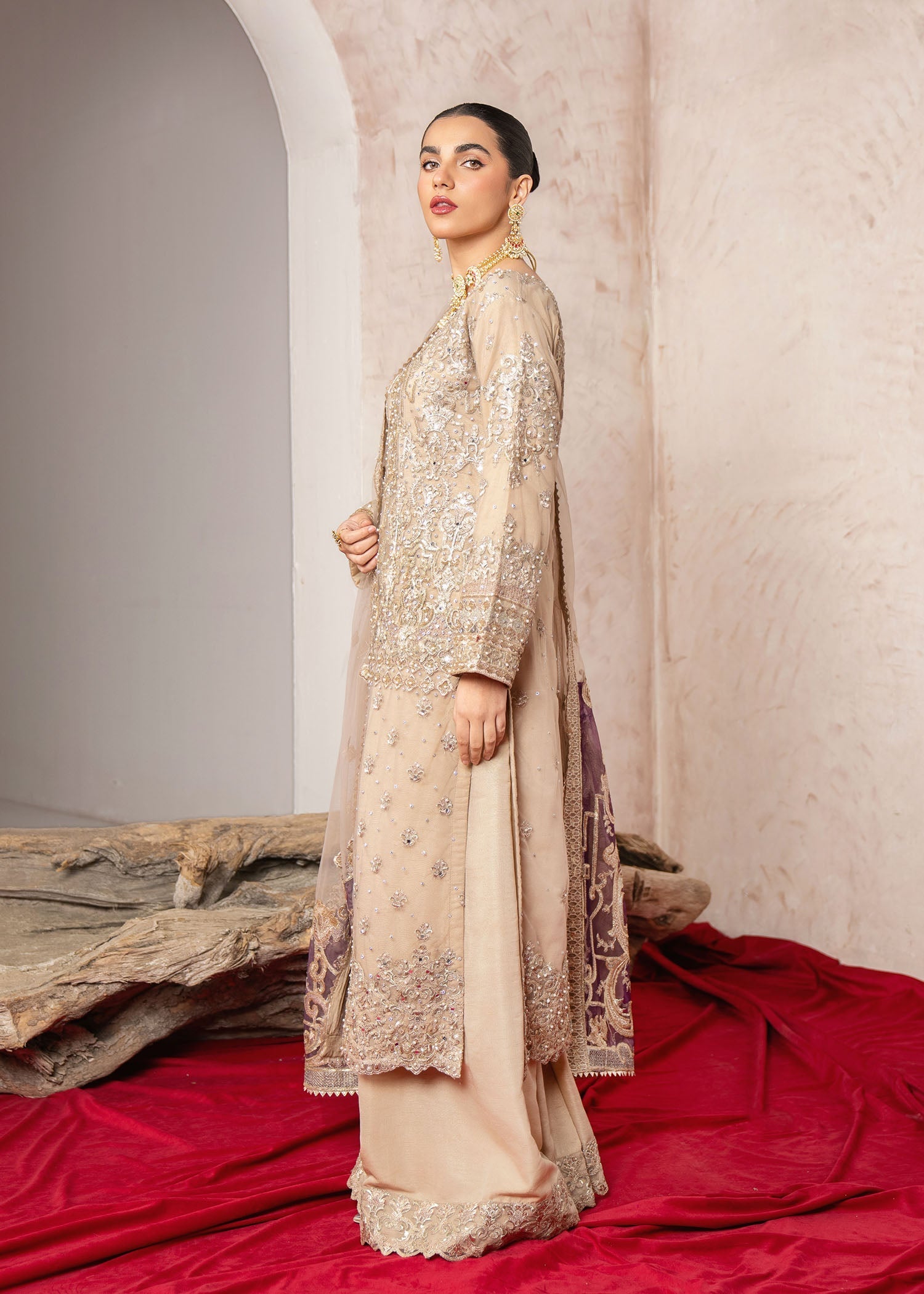 polyester net Kurta Set in Beige