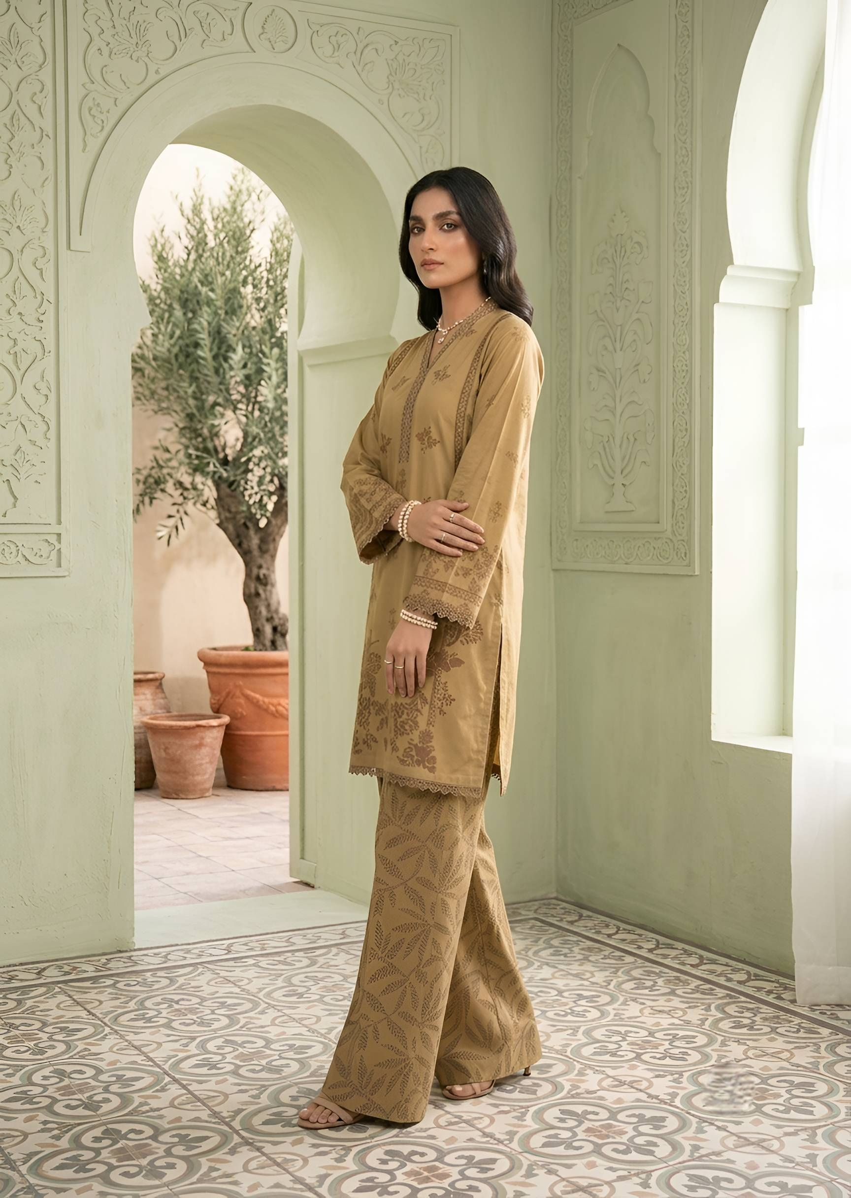poly lawn Kurta Set in Peanut
