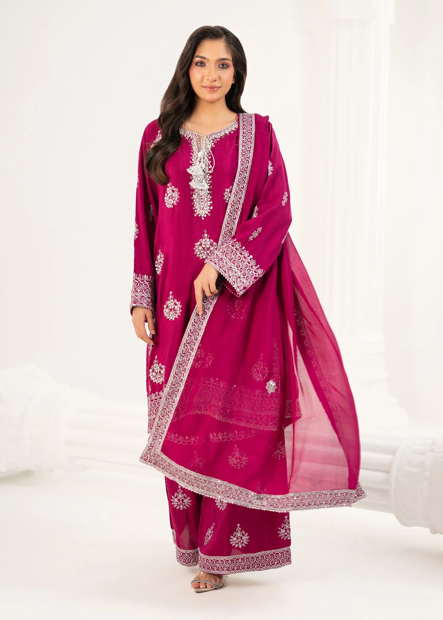 silk Kurta Set in Deep pink