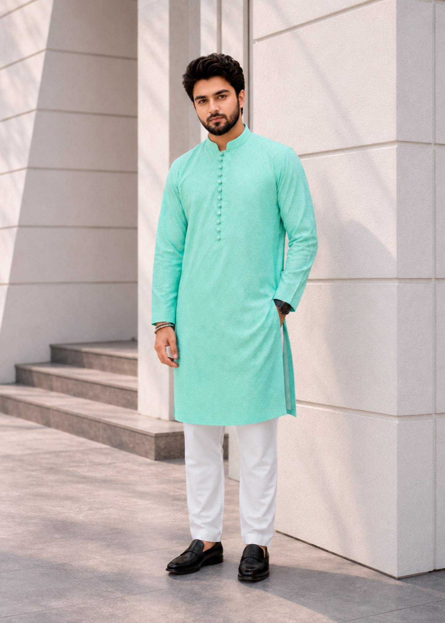 chikankari cotton Kurta Set in Aquamarine