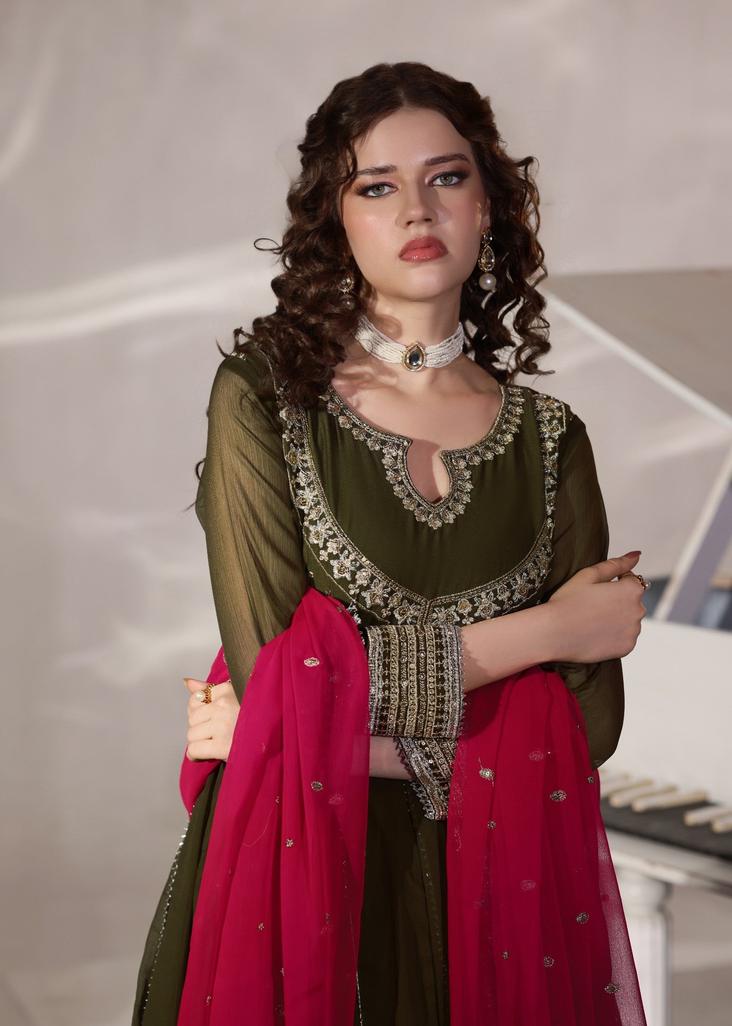 chiffon Pishwas in Olive green