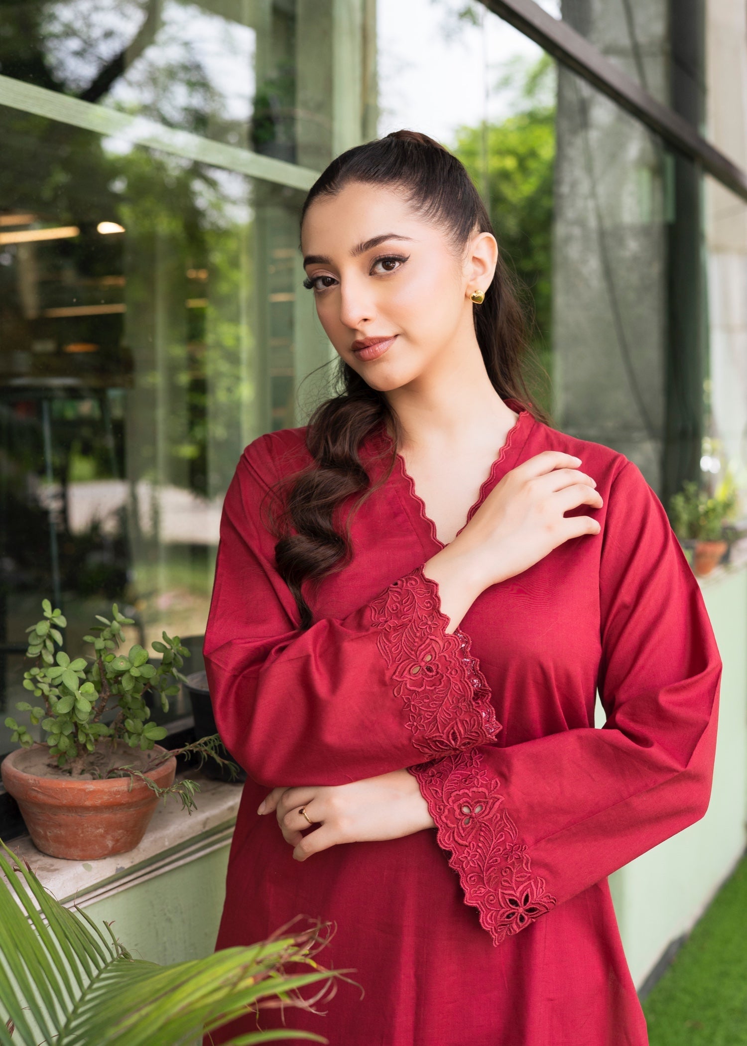lawn cotton Kurta Set in Carmine