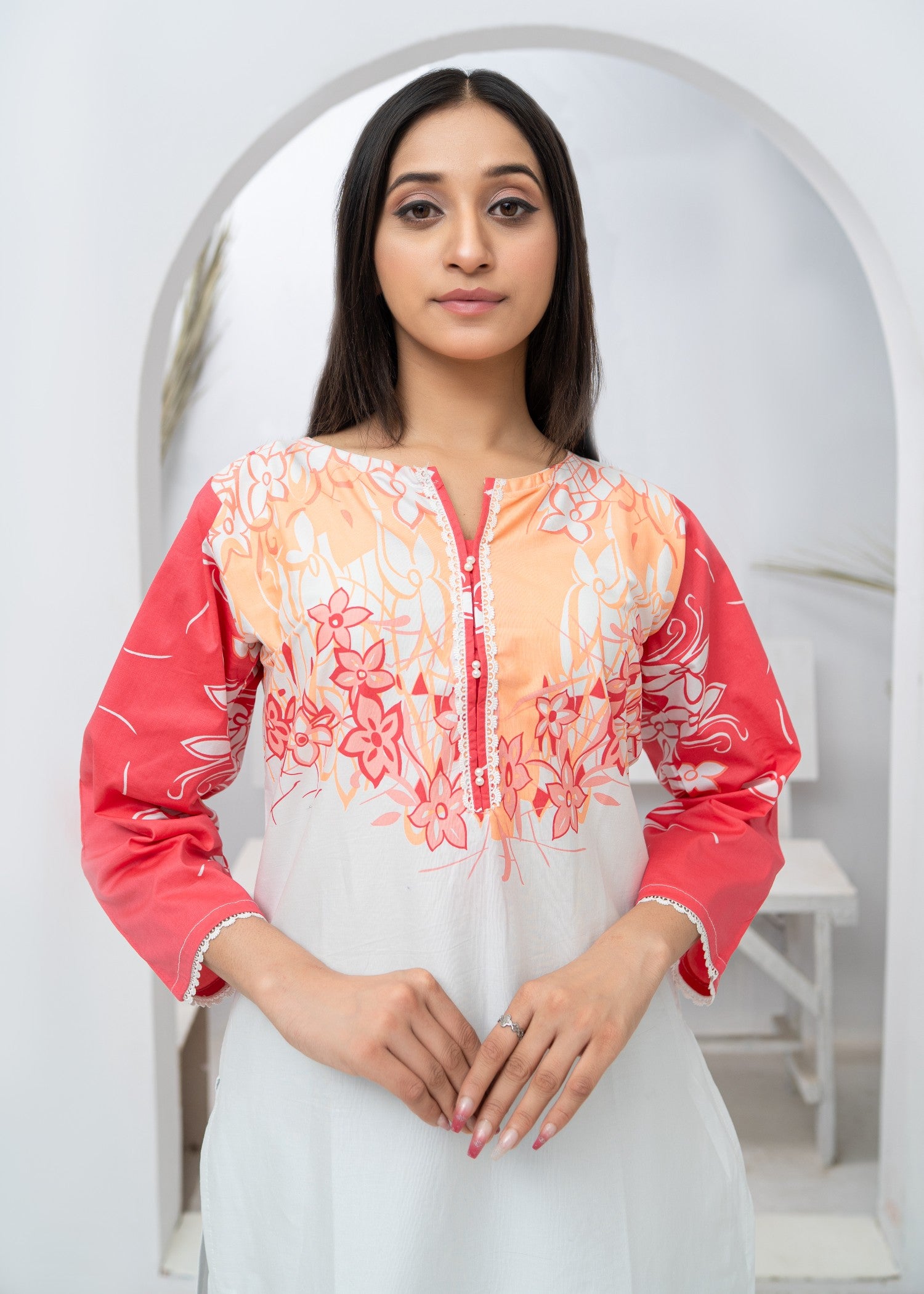 cotton Kurta Set in White, hot pink red