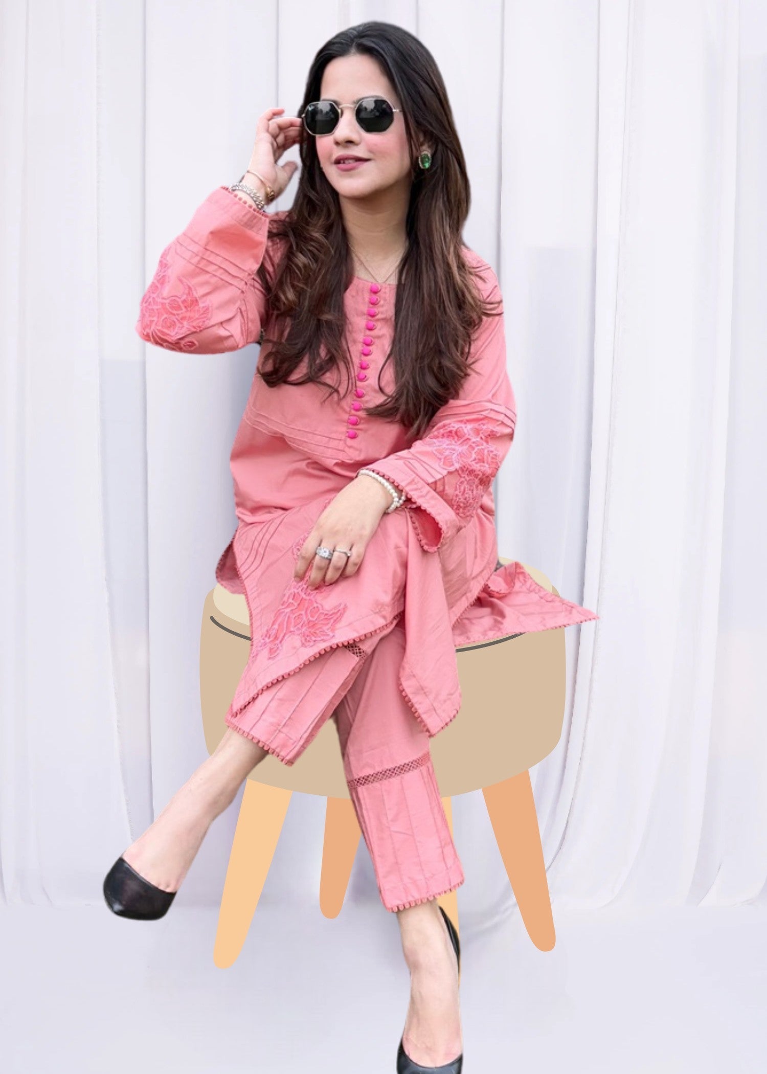 chambray Kurta Set in Blush pink