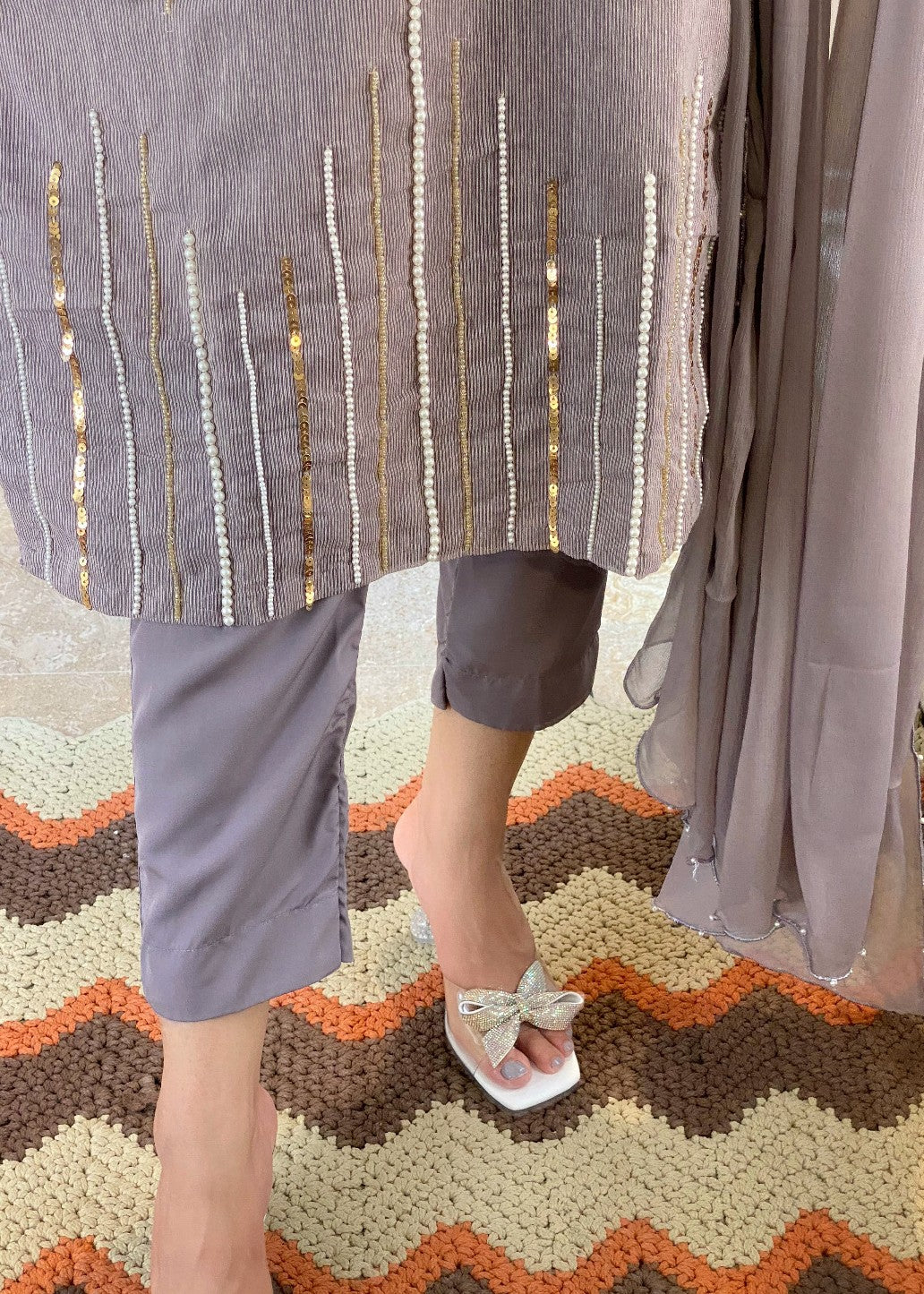 cotton karandi Kurta Set in Pastel grey
