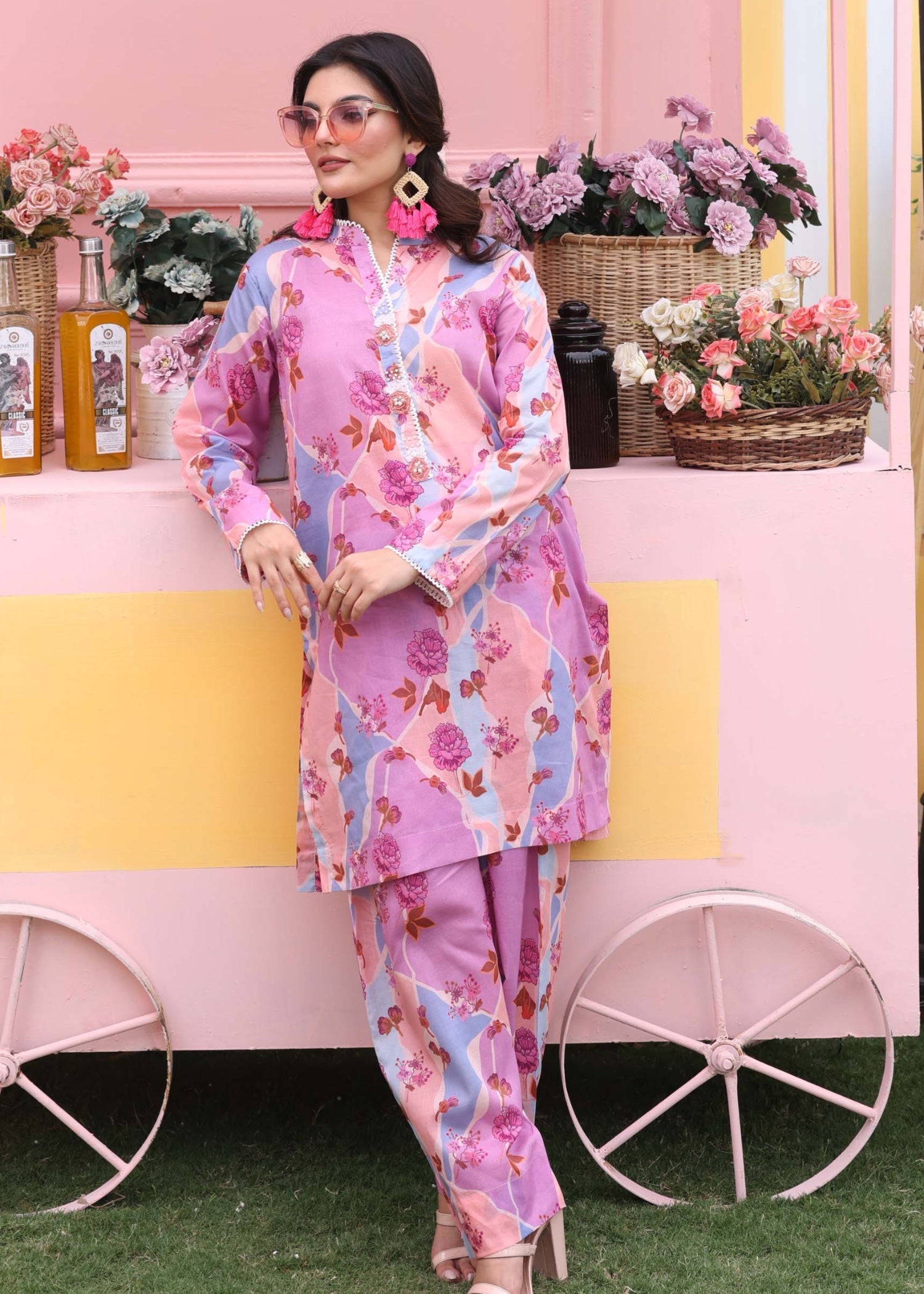 silk finish lawn Co Ord Sets in Bubblegum pink