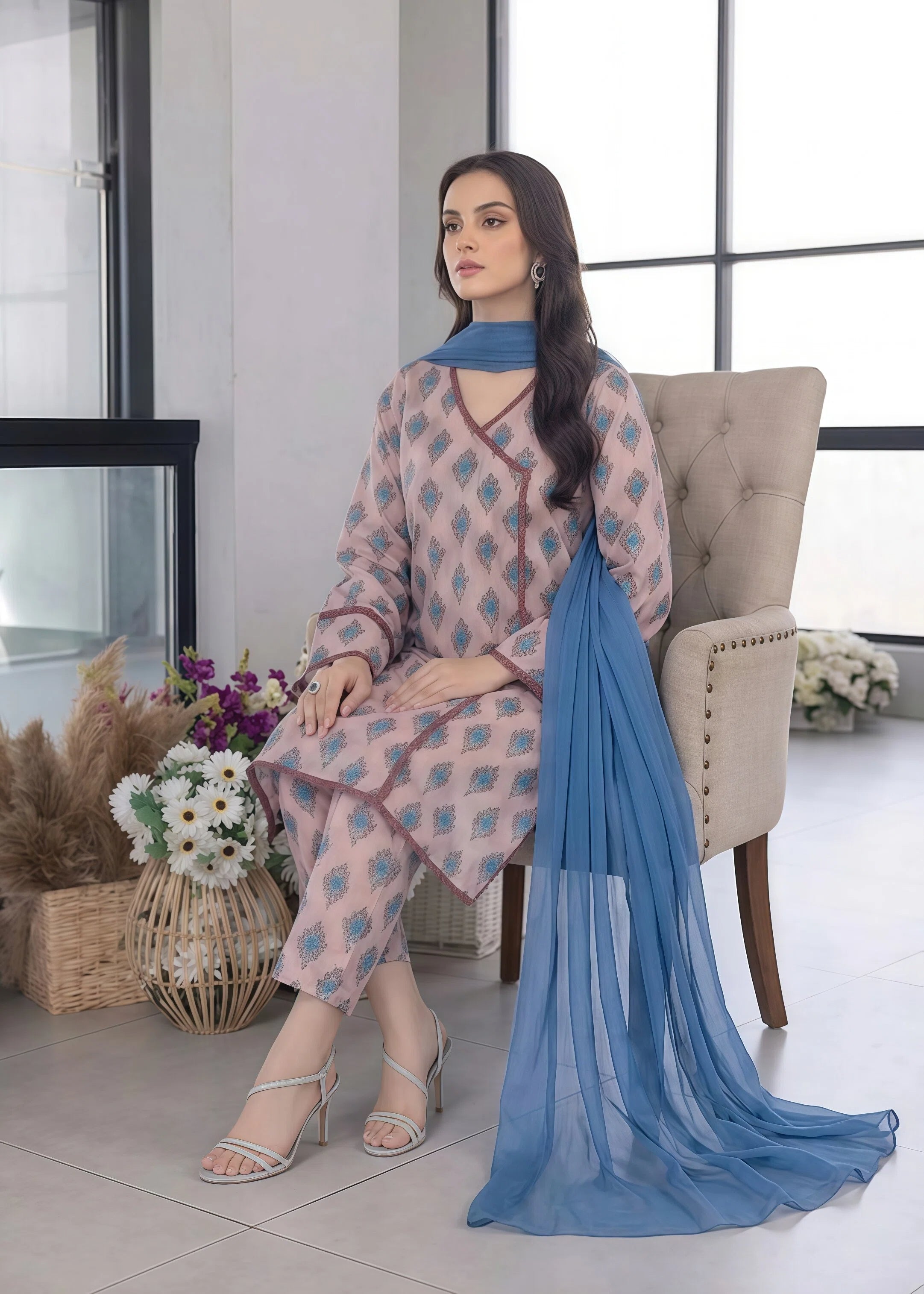 lawn Angrakha in Orchid pink
