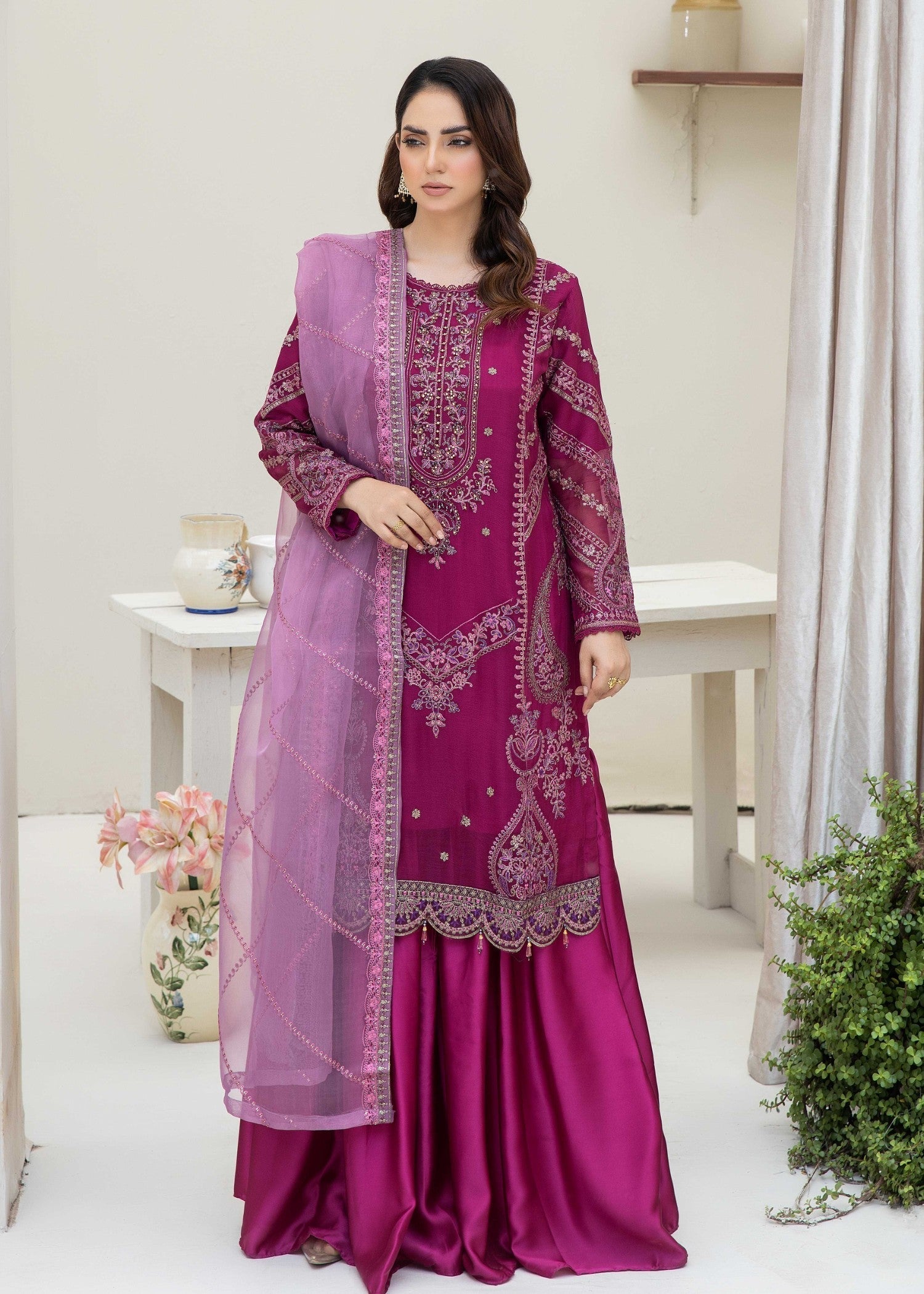 chiffon Gharara in Magenta haze