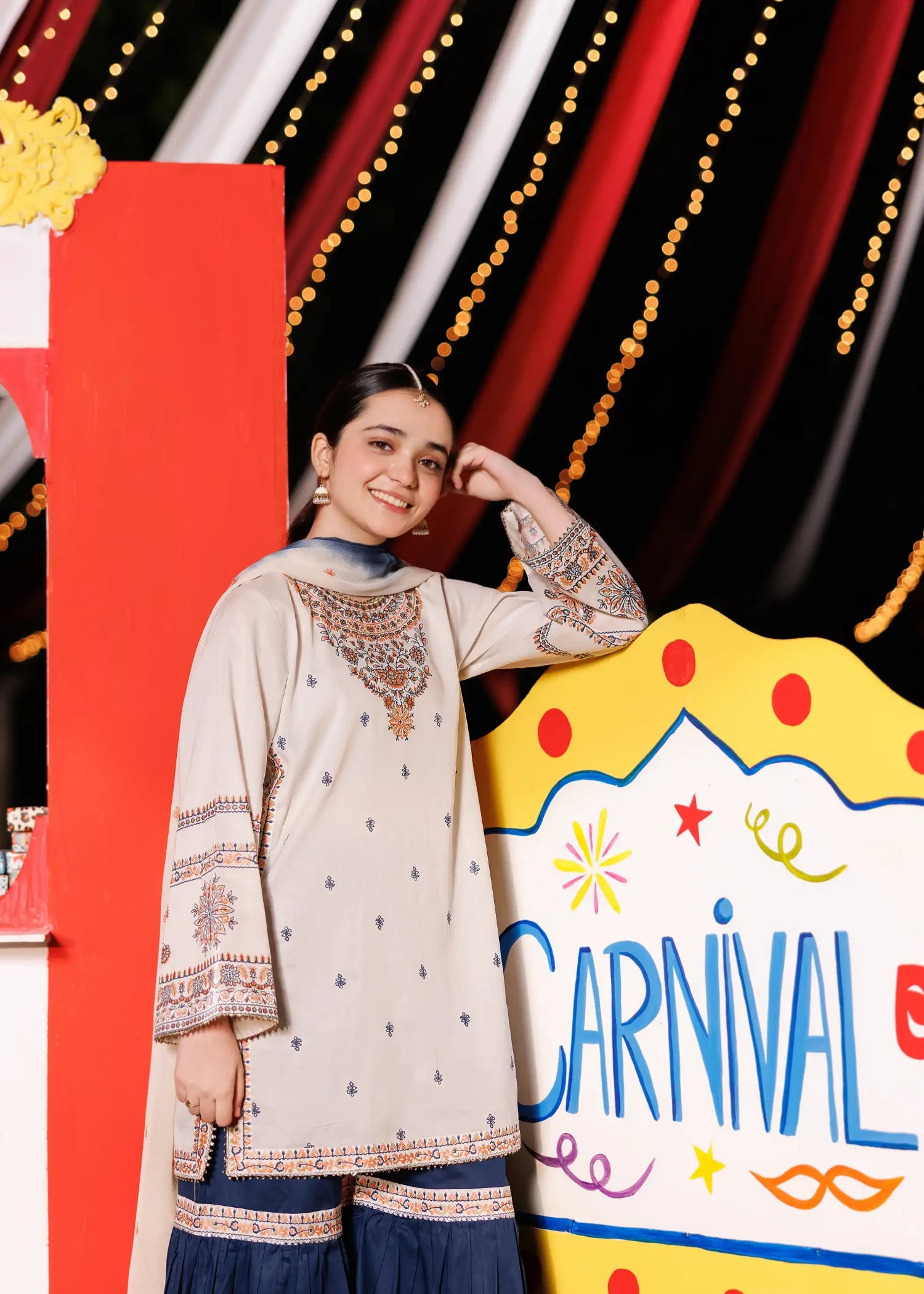 cotton Gharara in Beige, blue