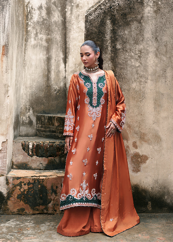 pk charmuse silk Kurta Set in Pumpkin orange