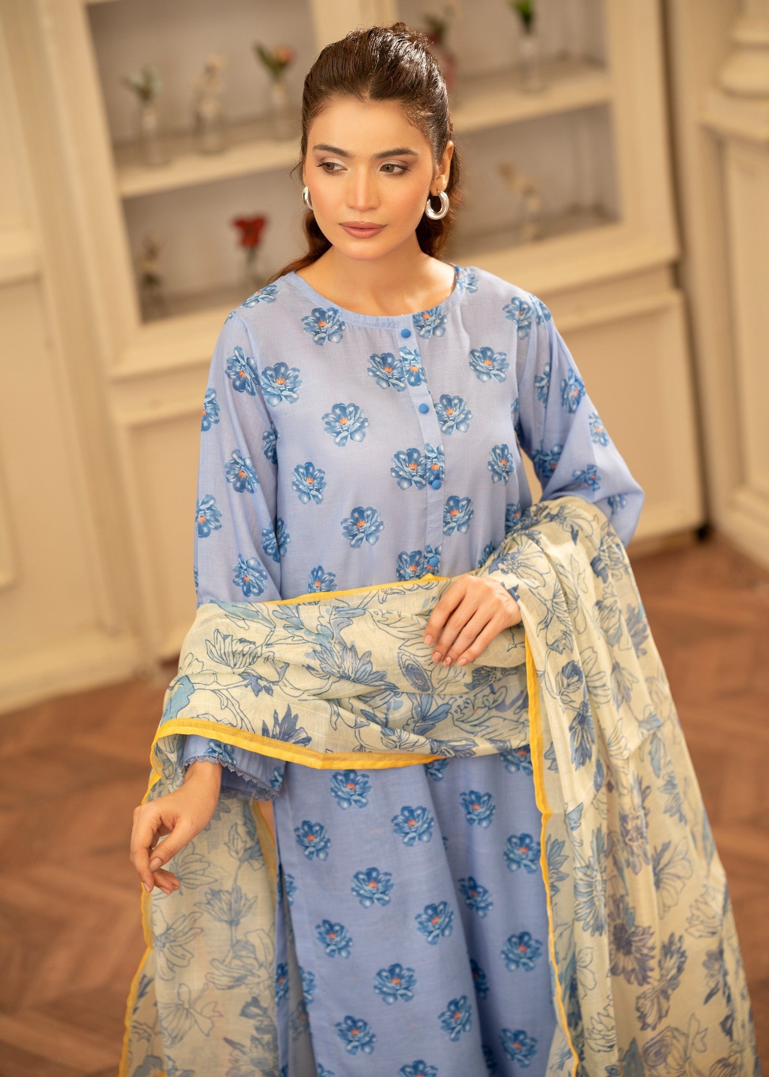 poly lawn Kurta Set in Powder blue