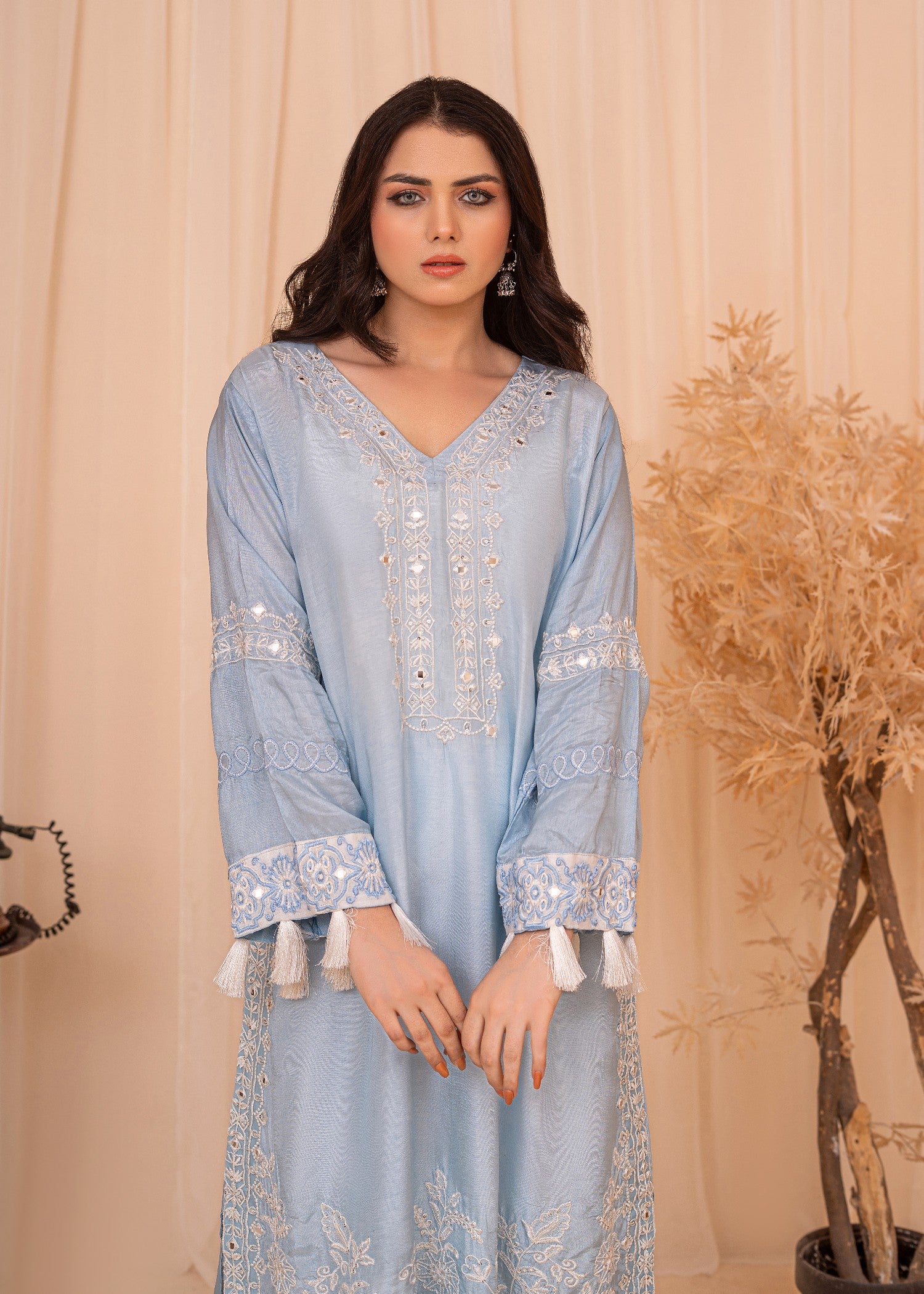 silk Kaftan in White, powder blue