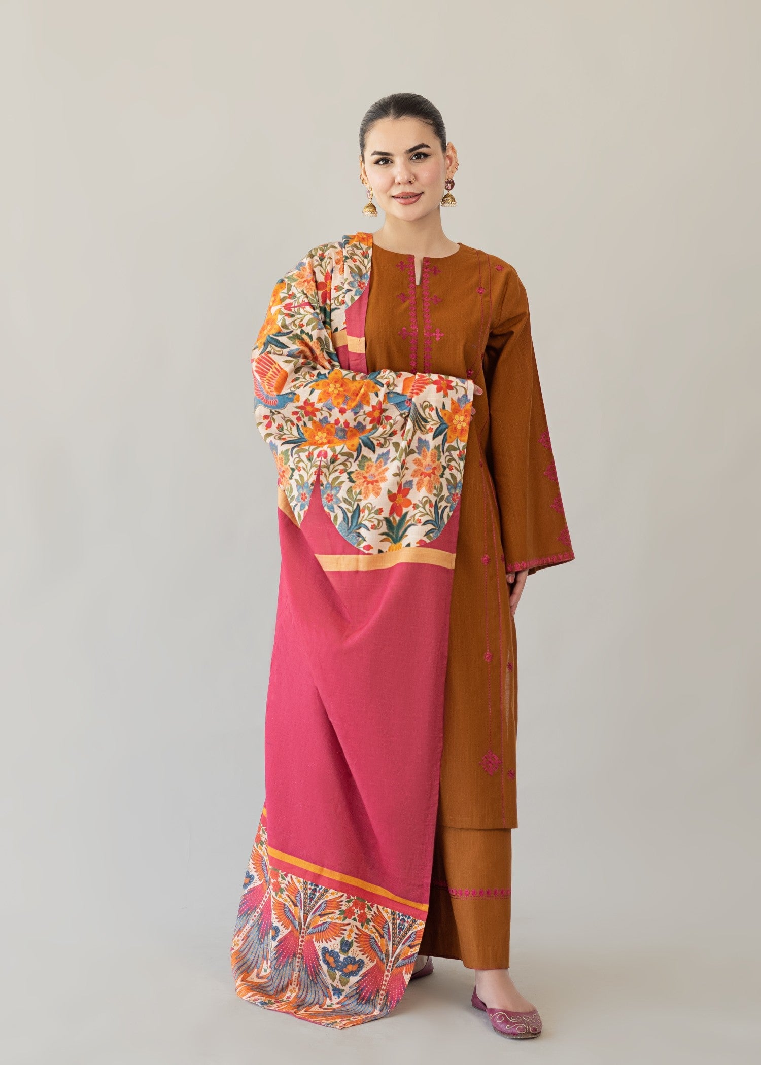slub khaddar Kurta Set in Brown