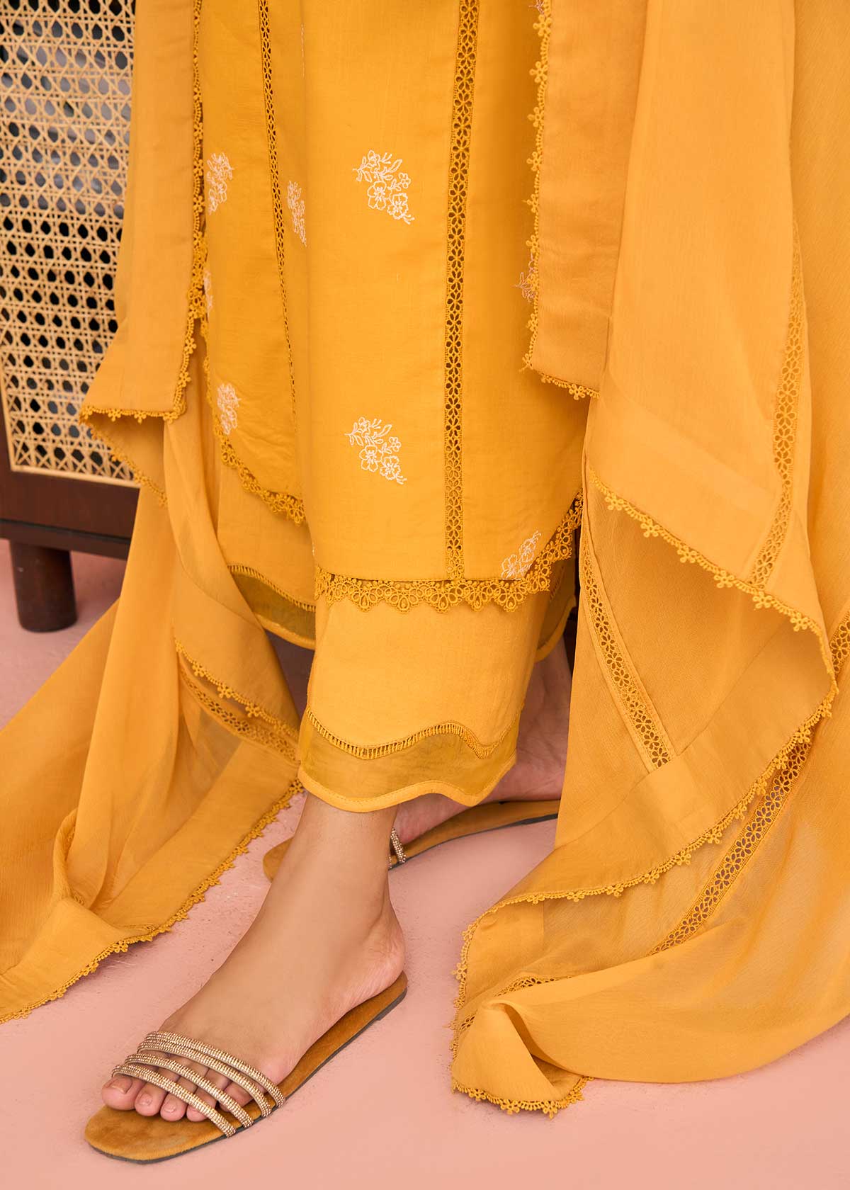 textured lawn Kurta Set in Mustard