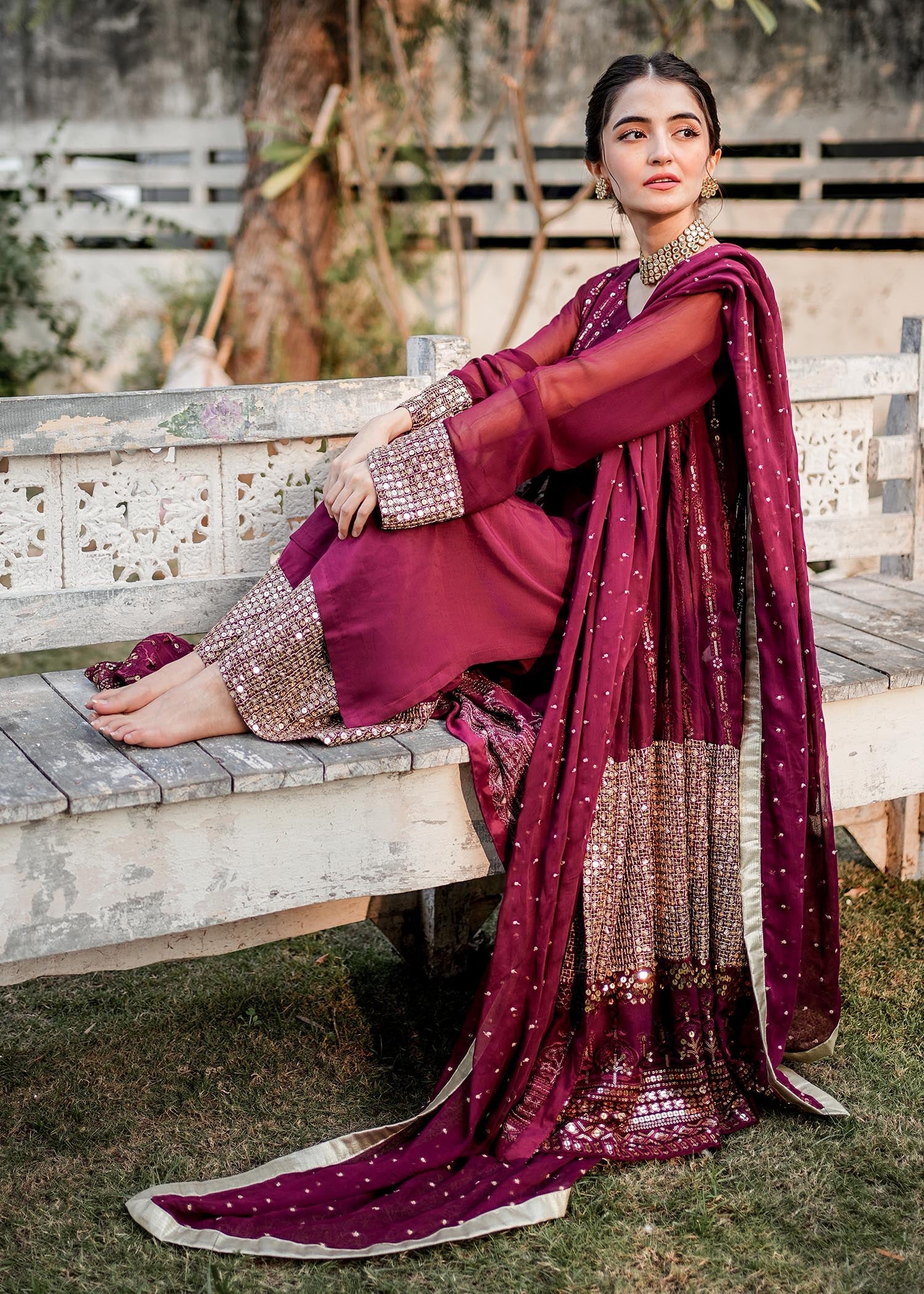 chikankari cotton Gown in Plum