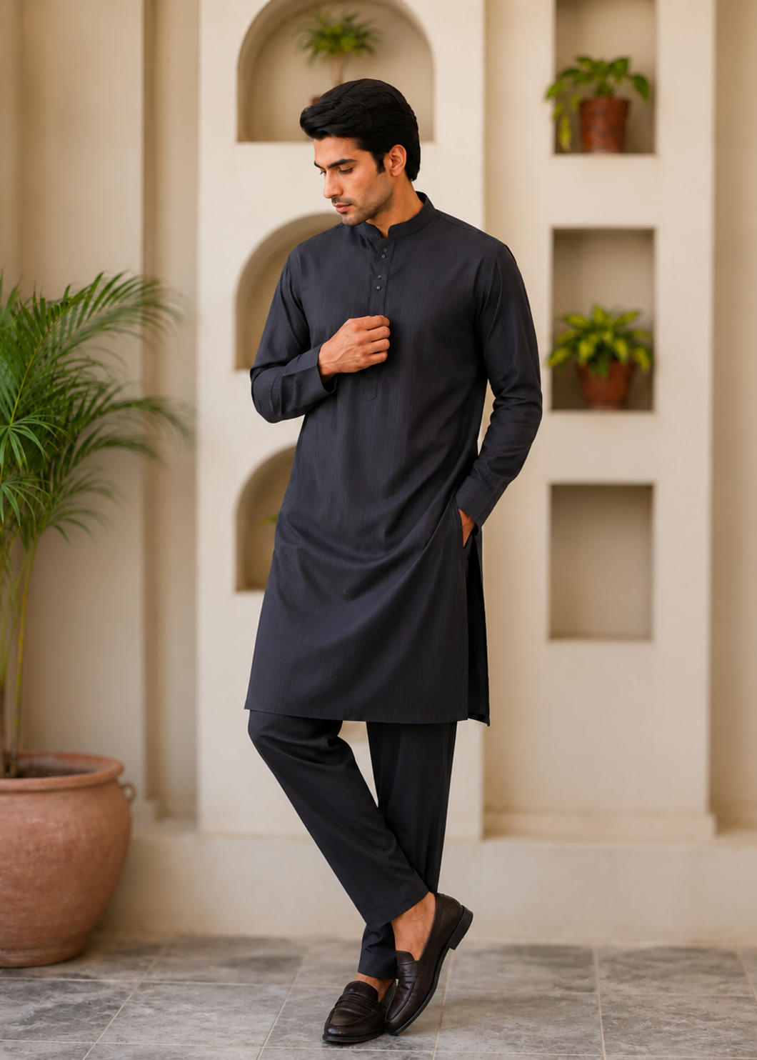 textured wash & wear Kurta Set in Obsidian
