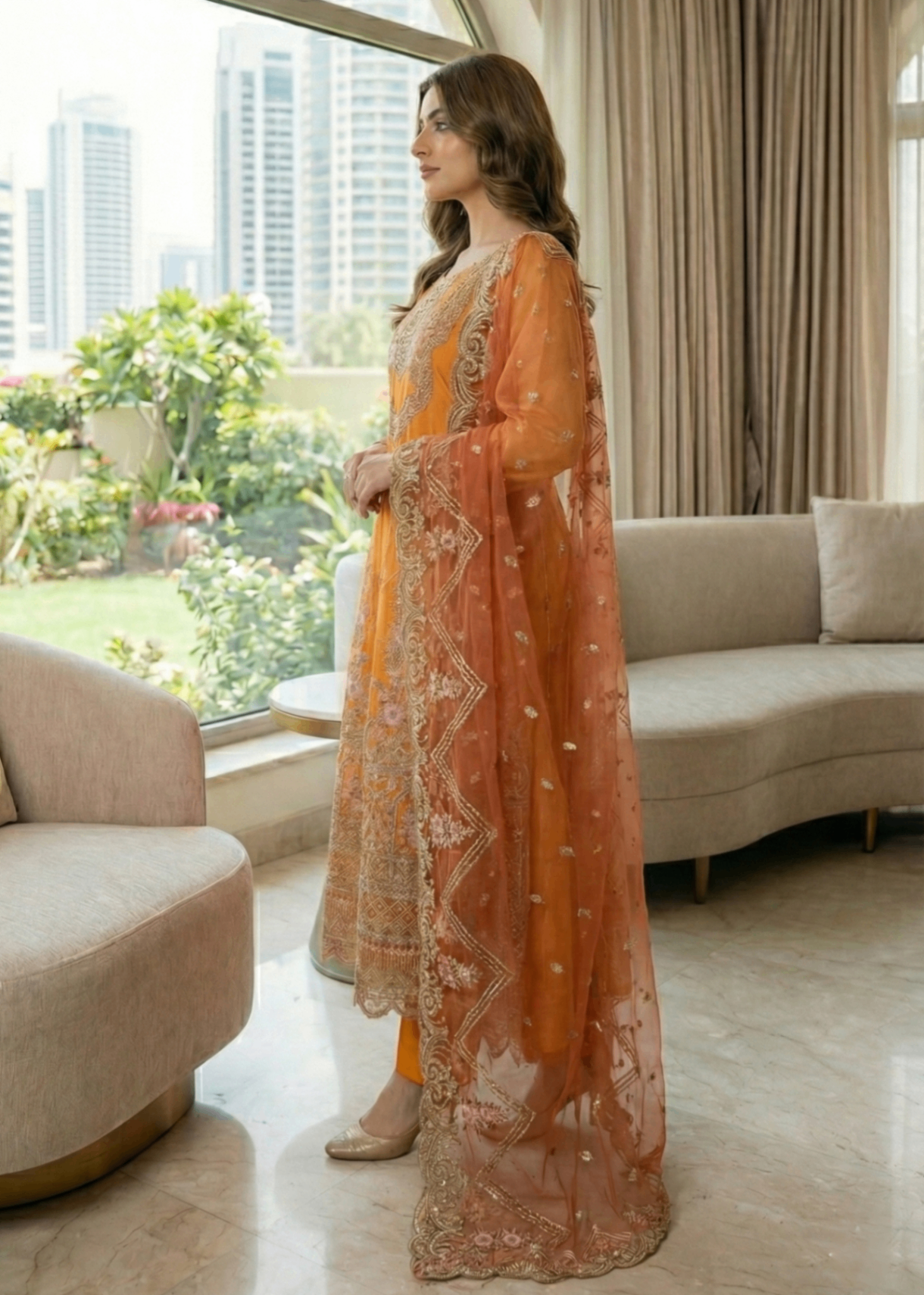 organza Pishwas in Mustard