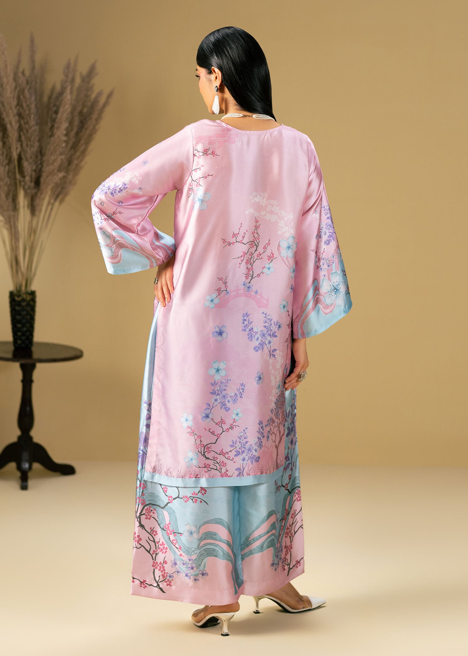 silk charmeuse Kurta Set in Pink