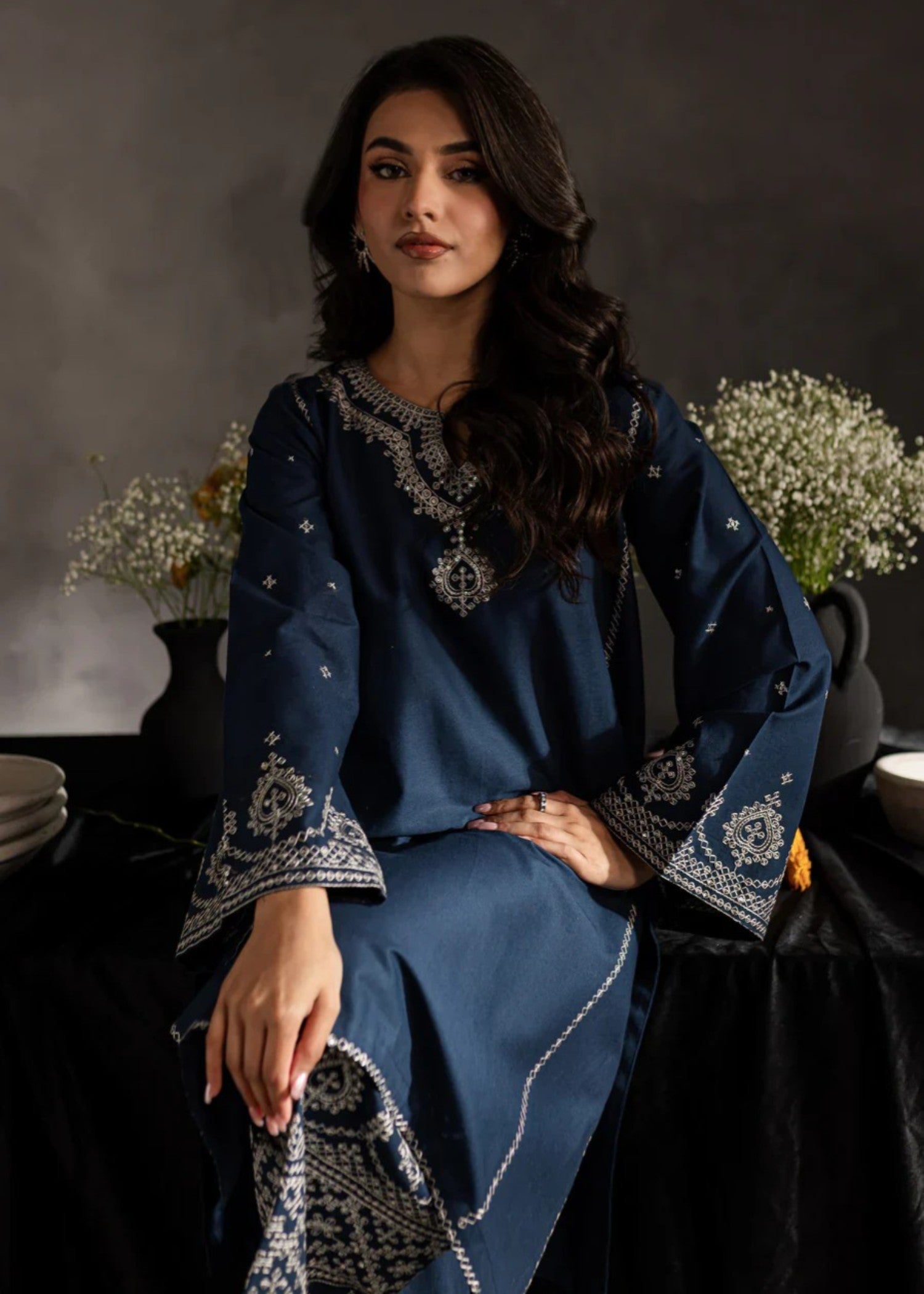 cambric Kurta Set in Midnight blue