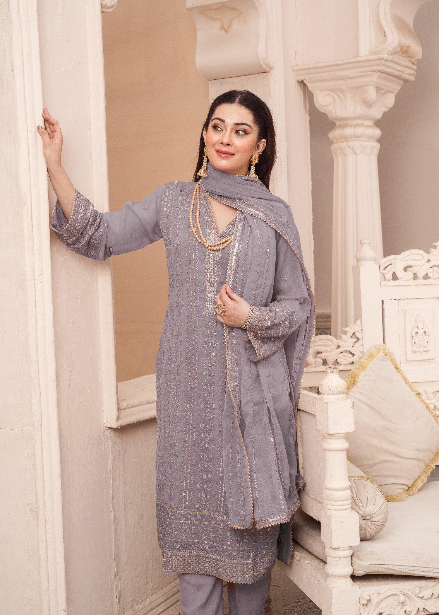 chiffon Kurta Set in Silver