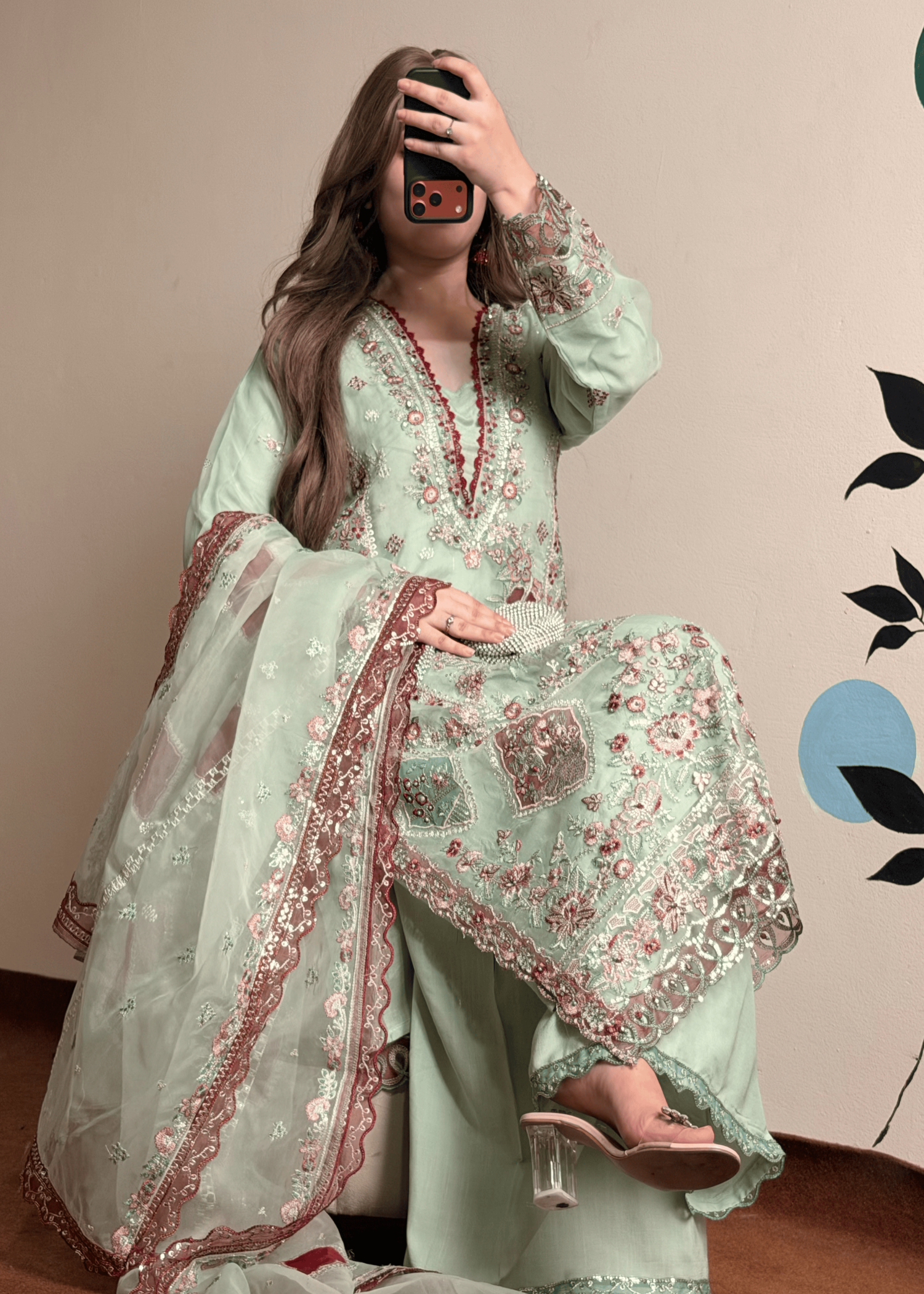 zari organza Sharara in Pistachio green