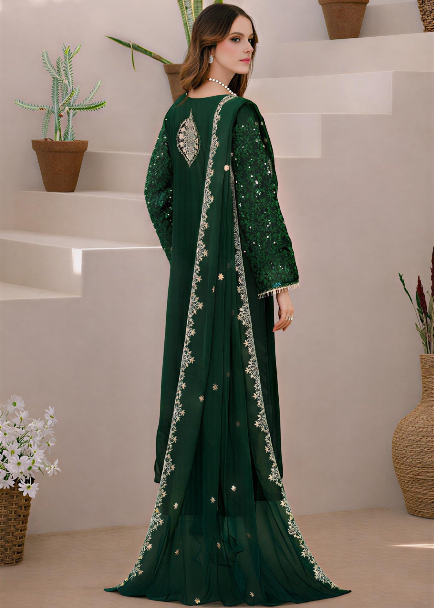 chiffon Kurta Set in Bottle green