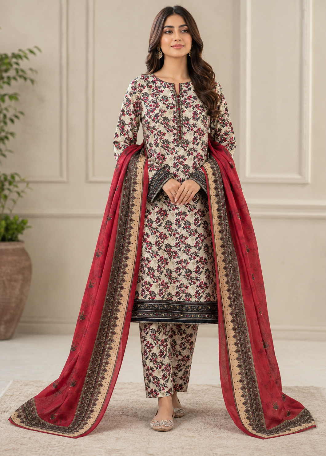 cotton Unstitched in Beige, red