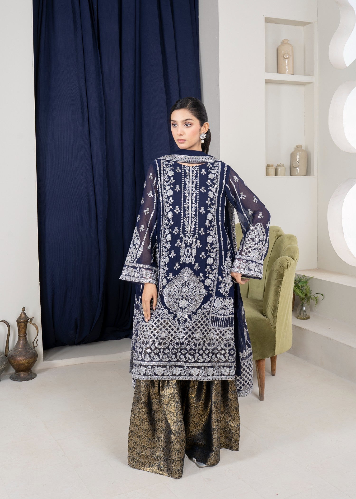chiffon Gharara in Navy blue