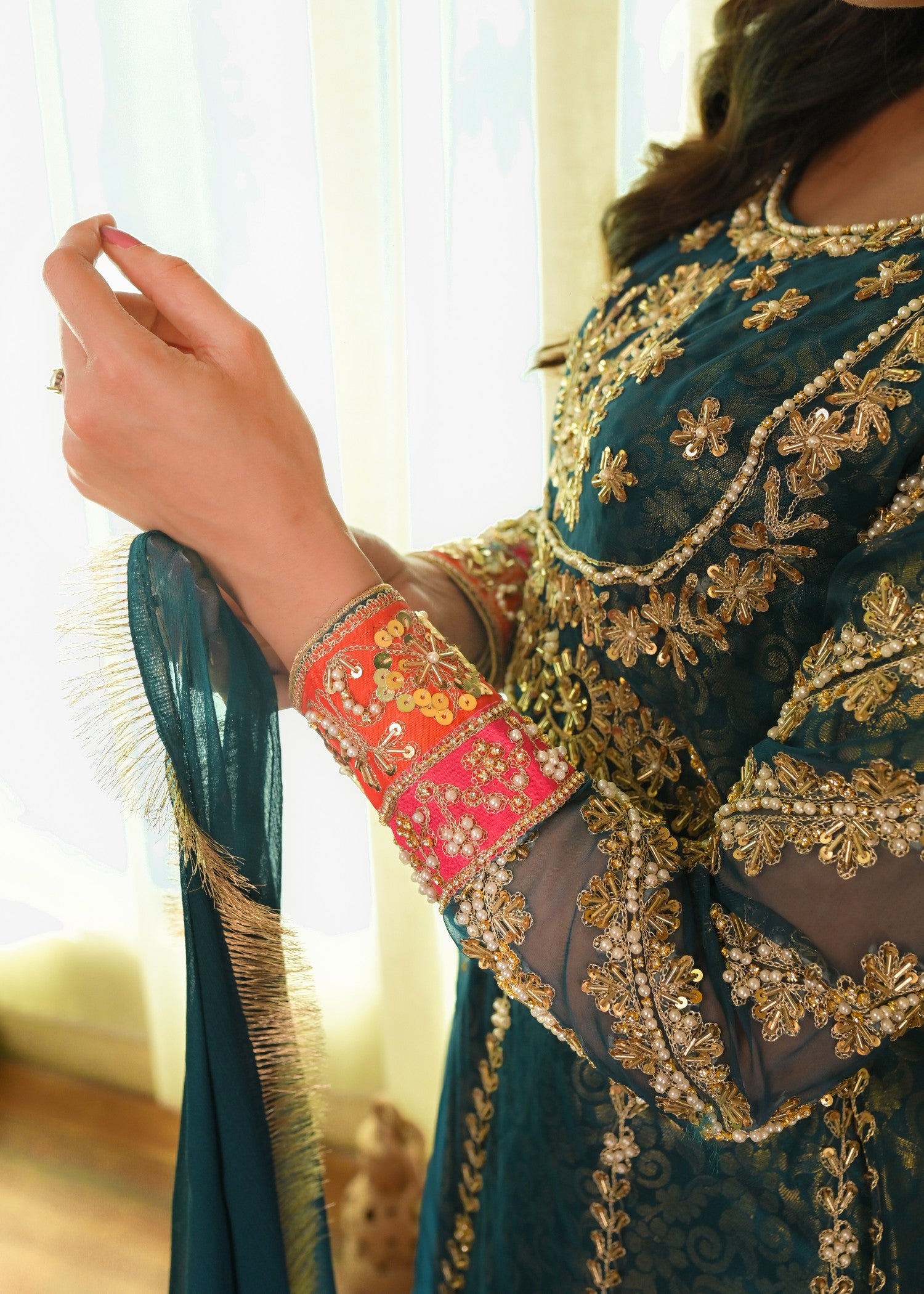 zari embroidered organza Pishwas in Teal